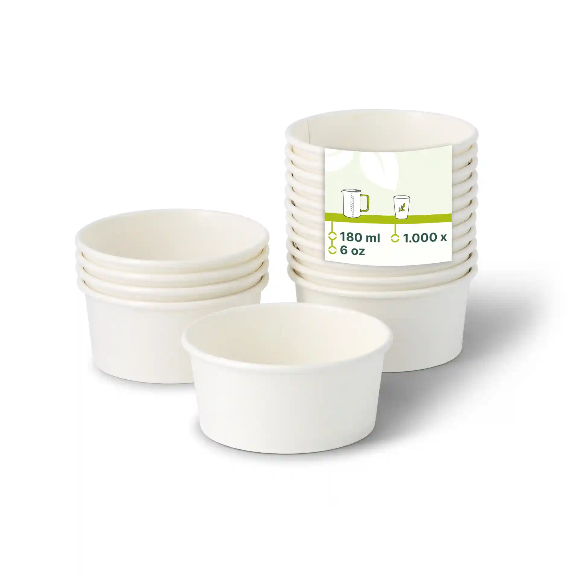 Stack of white paper ice cream cups with one cup in front, showing a label with volume details.