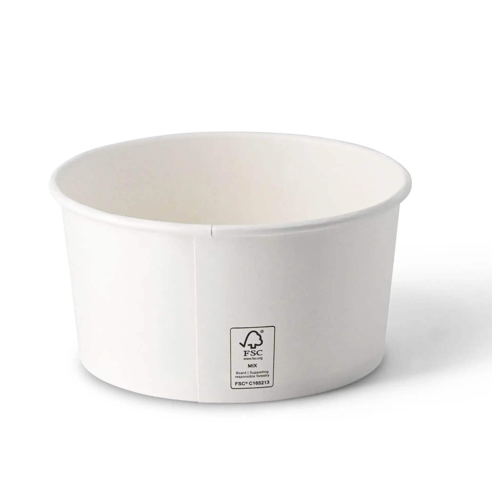 White round paper bowl with a height of 75 mm and a diameter of 150 mm, made of cardboard.
