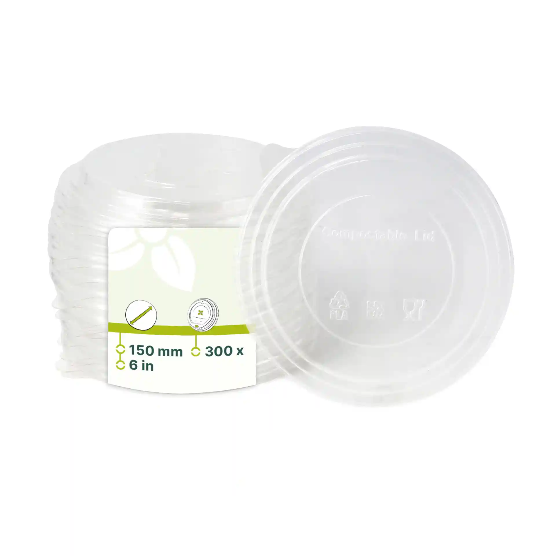 Transparent PLA lids, 150 mm diameter, stacked with a label showing dimensions and quantity.