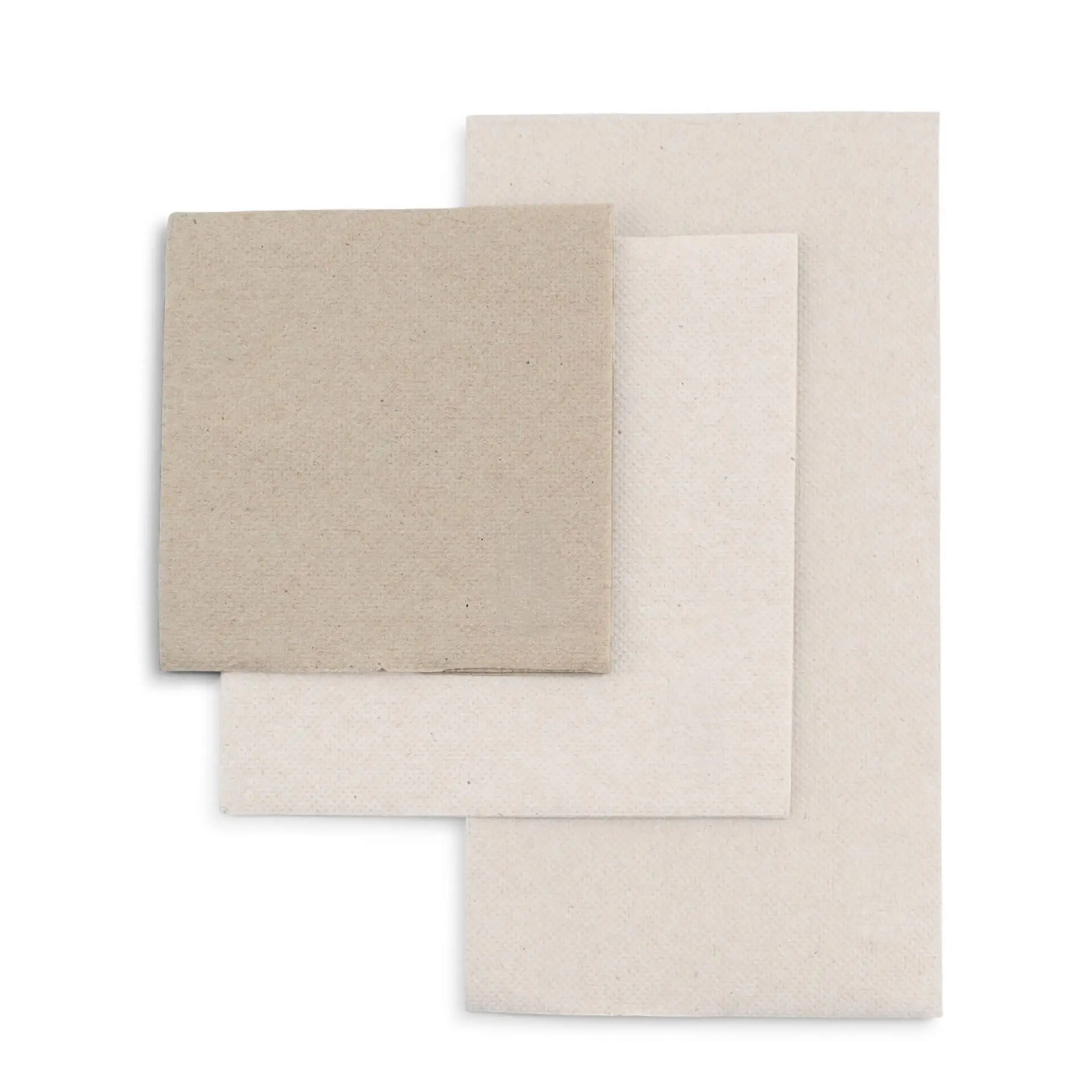 Three square recycled paper napkins in unbleached color, two-ply, with a circular symbol and text on each.