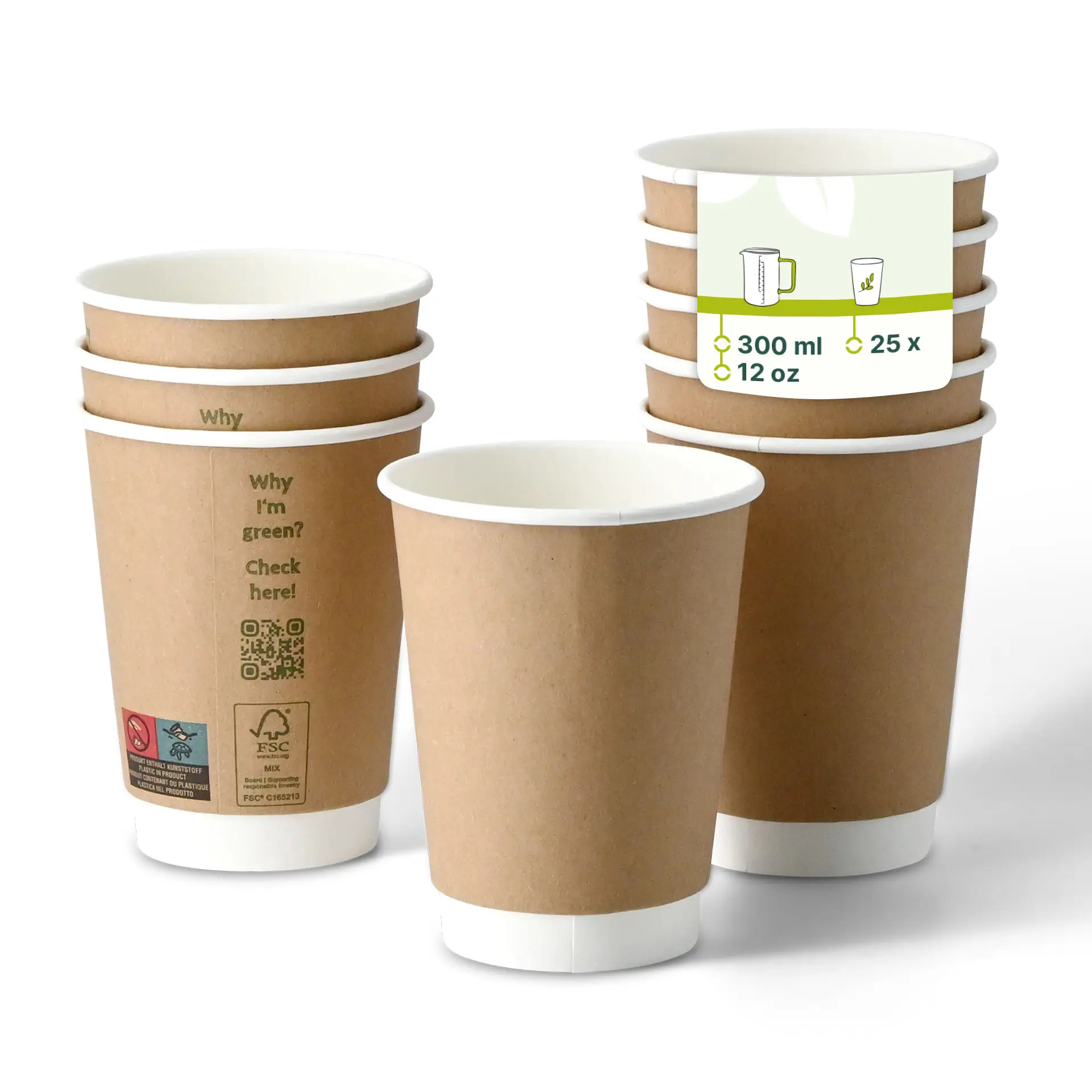 Coffee to go cup, 300 ml / 12 oz, Ø 90 mm, double wall, brown / white inside, PLA coated
