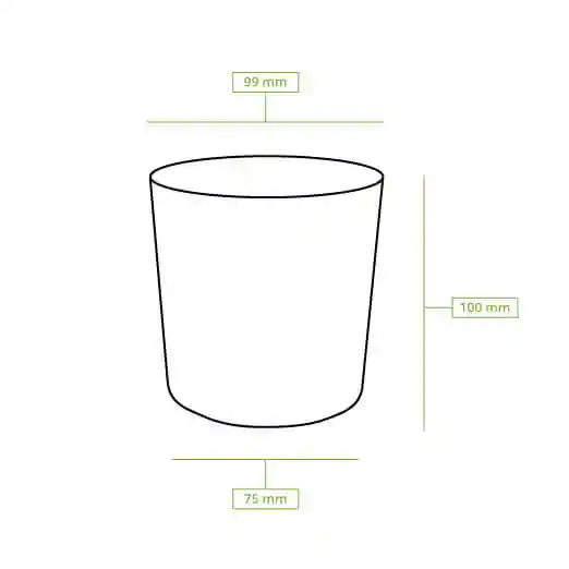Schematic drawing of a round cup with dimensions: height 100 mm, top diameter 99 mm, bottom diameter 75 mm.