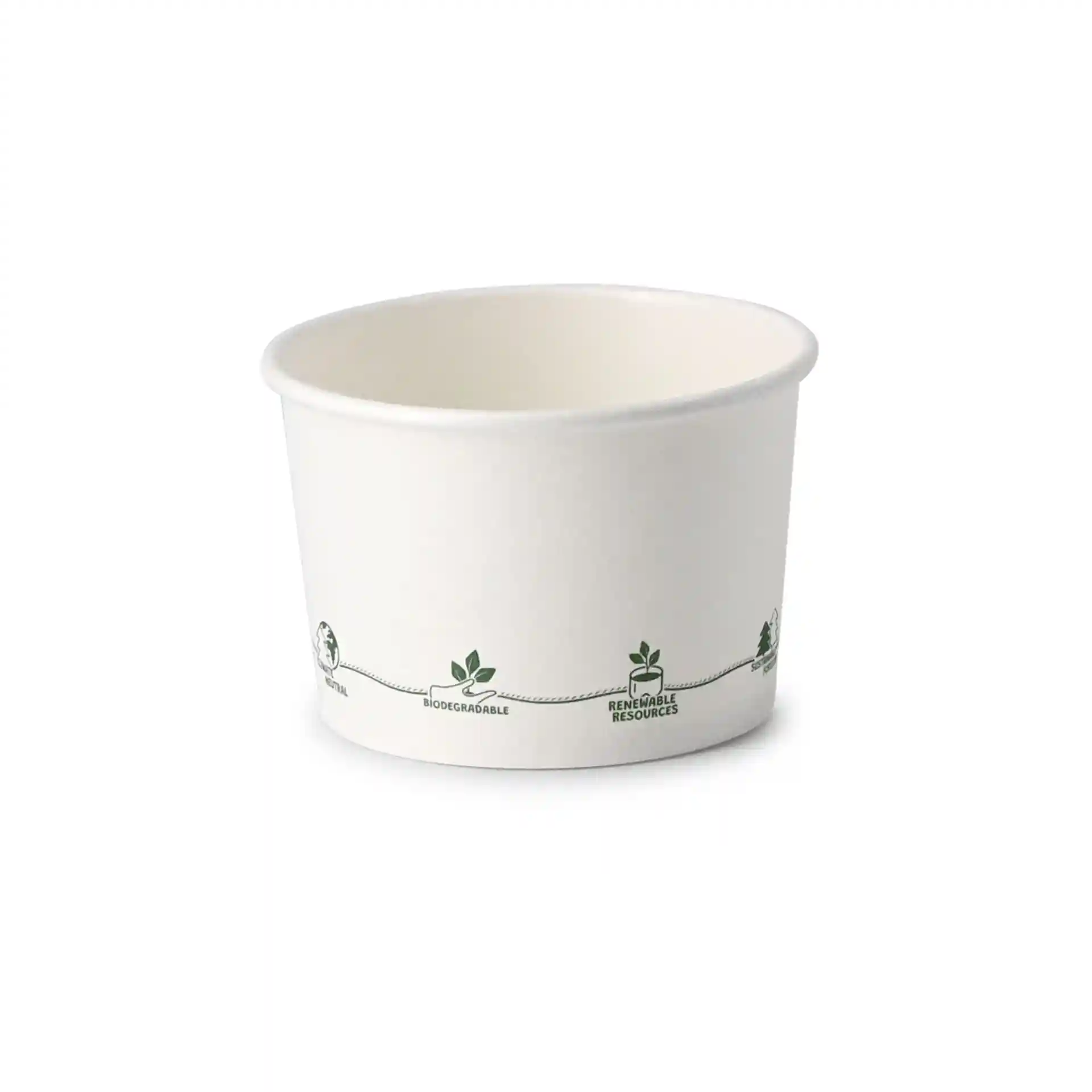 White cardboard soup cup with a round shape and printed eco-icons, measuring 90 mm in diameter and 60 mm in height.