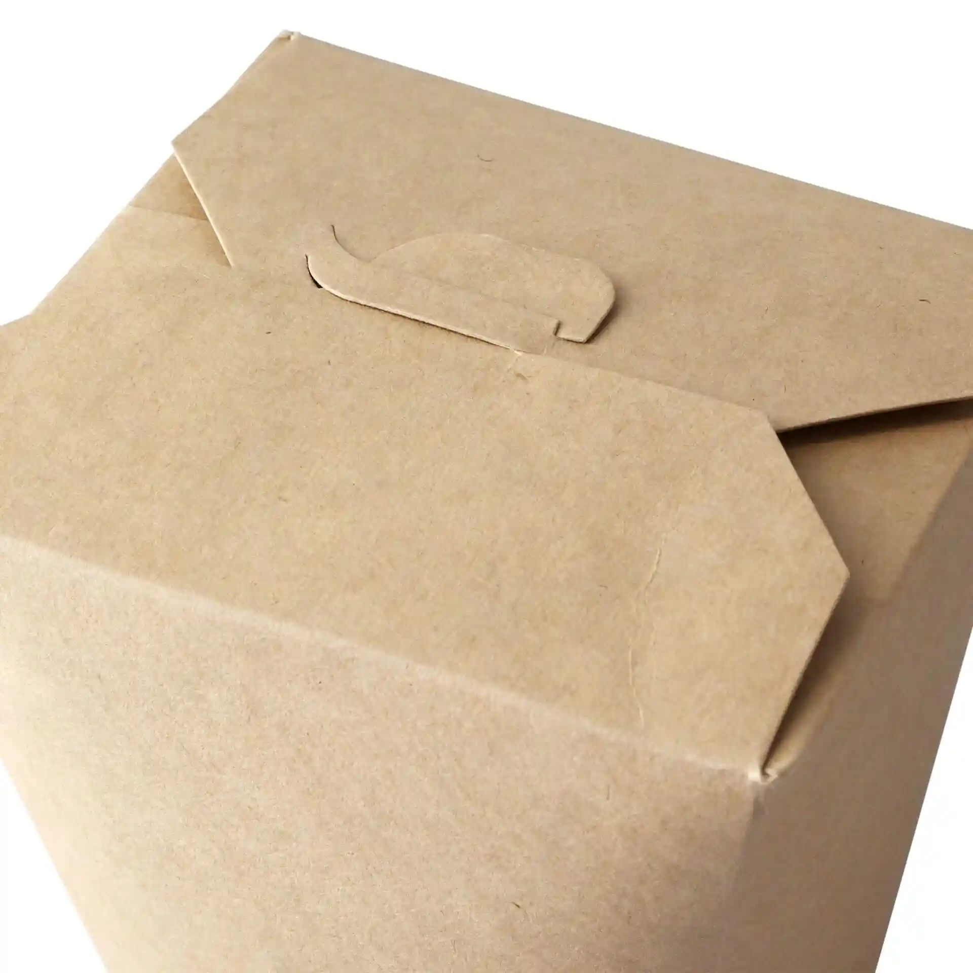 Brown cardboard noodle box with a flap closure, measuring 115 mm in height and 100 mm in length.
