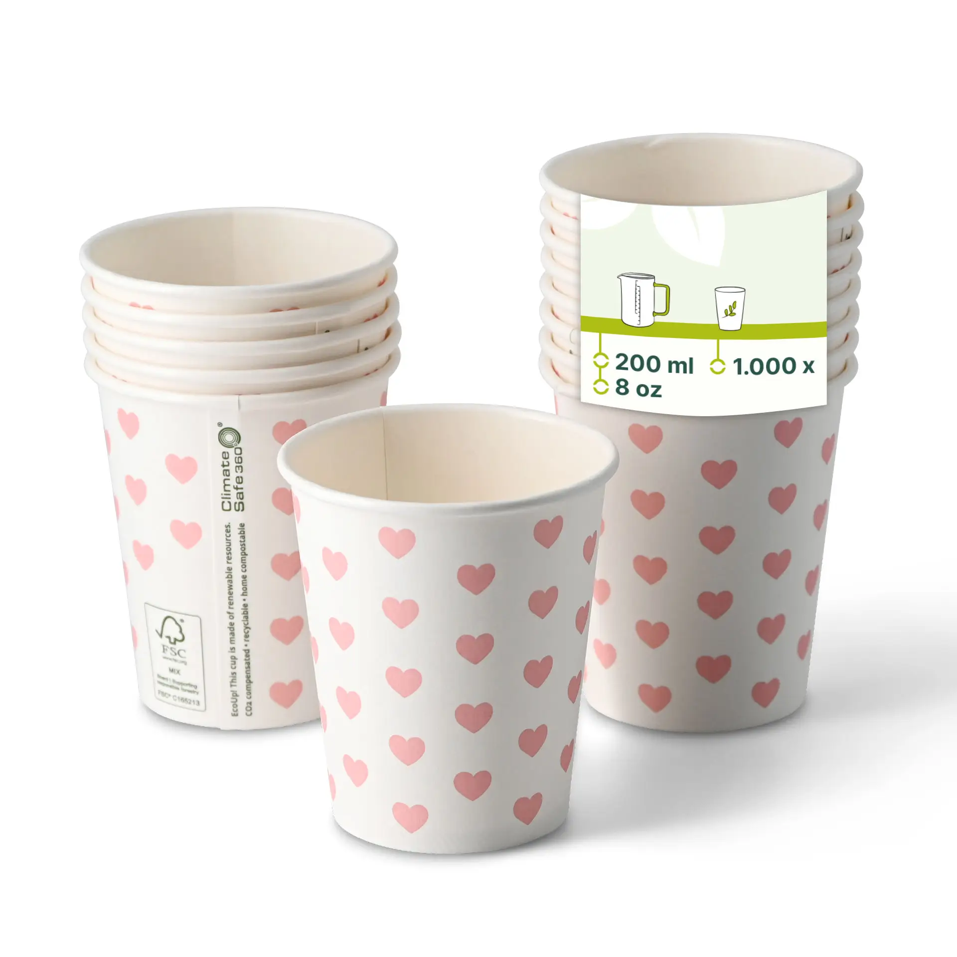 8 oz Paper cup printed with "Hearts", Ø 80 mm, white