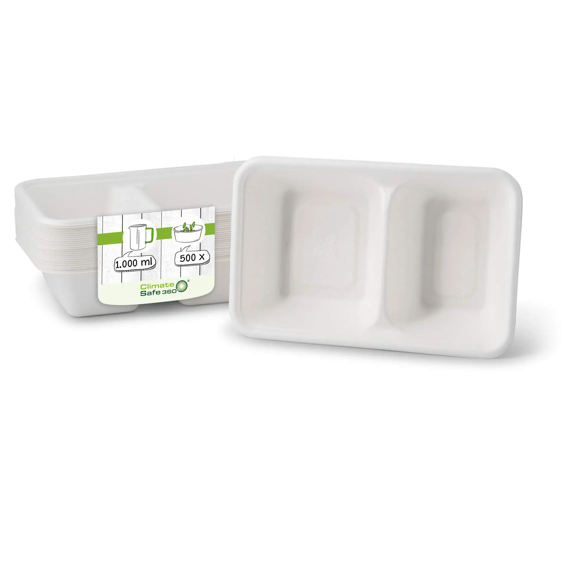Sugarcane-menu-trays 1000 ml, 23 x 14.5 x 5 cm, 2 compartments, rectangular