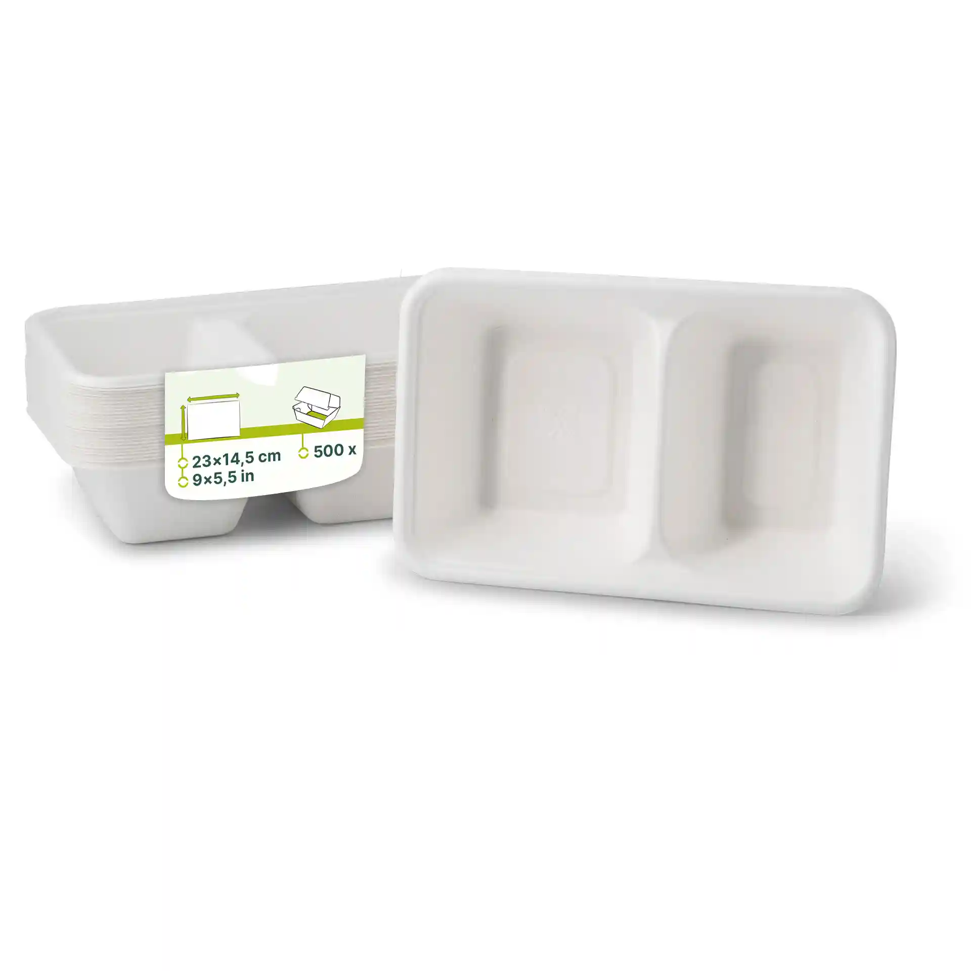 White rectangular tray with two compartments, measuring 23 x 14.5 cm, made from sugarcane material.