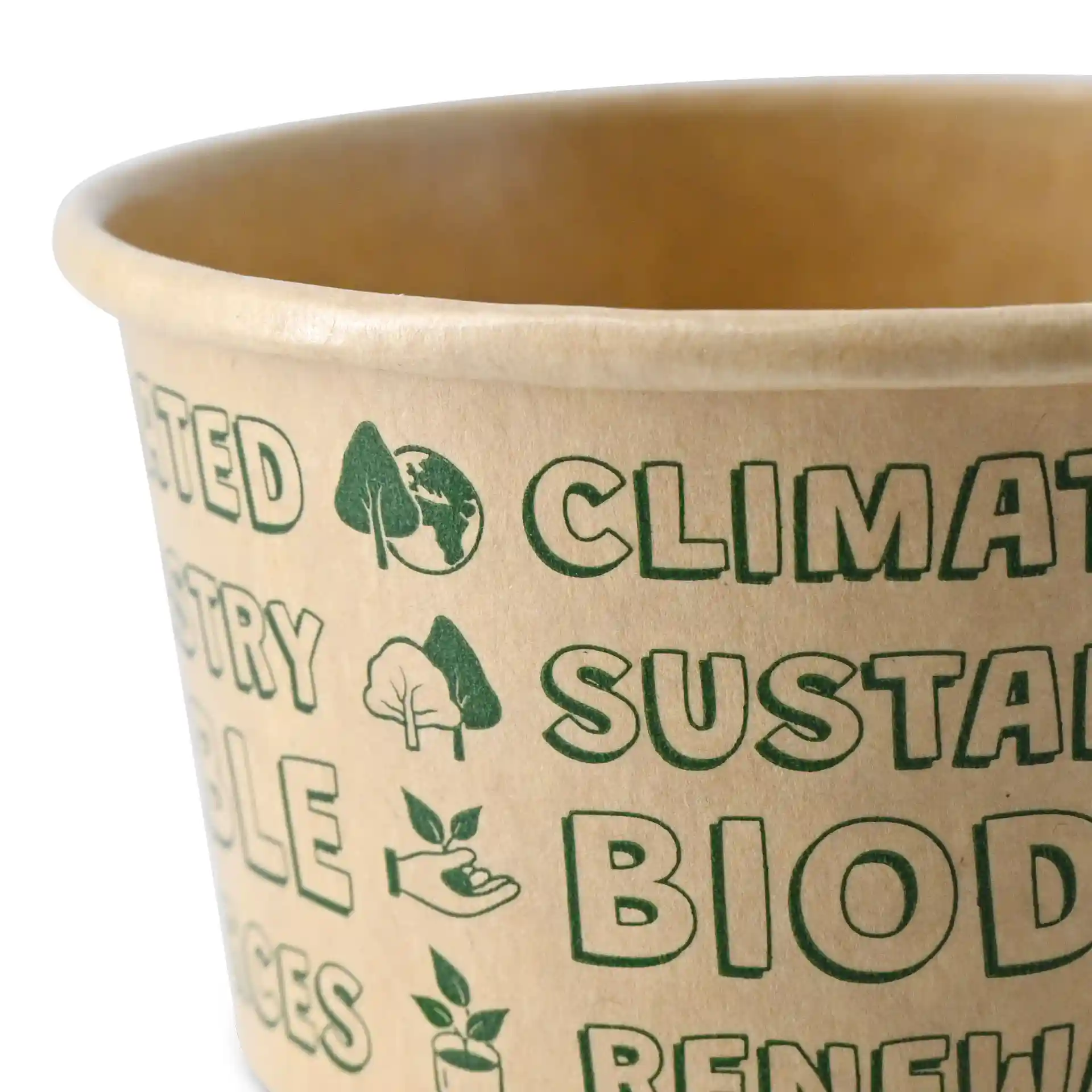 Brown paper ice cream cup with printed green symbols and text, showing a round shape and a diameter of 92 mm.