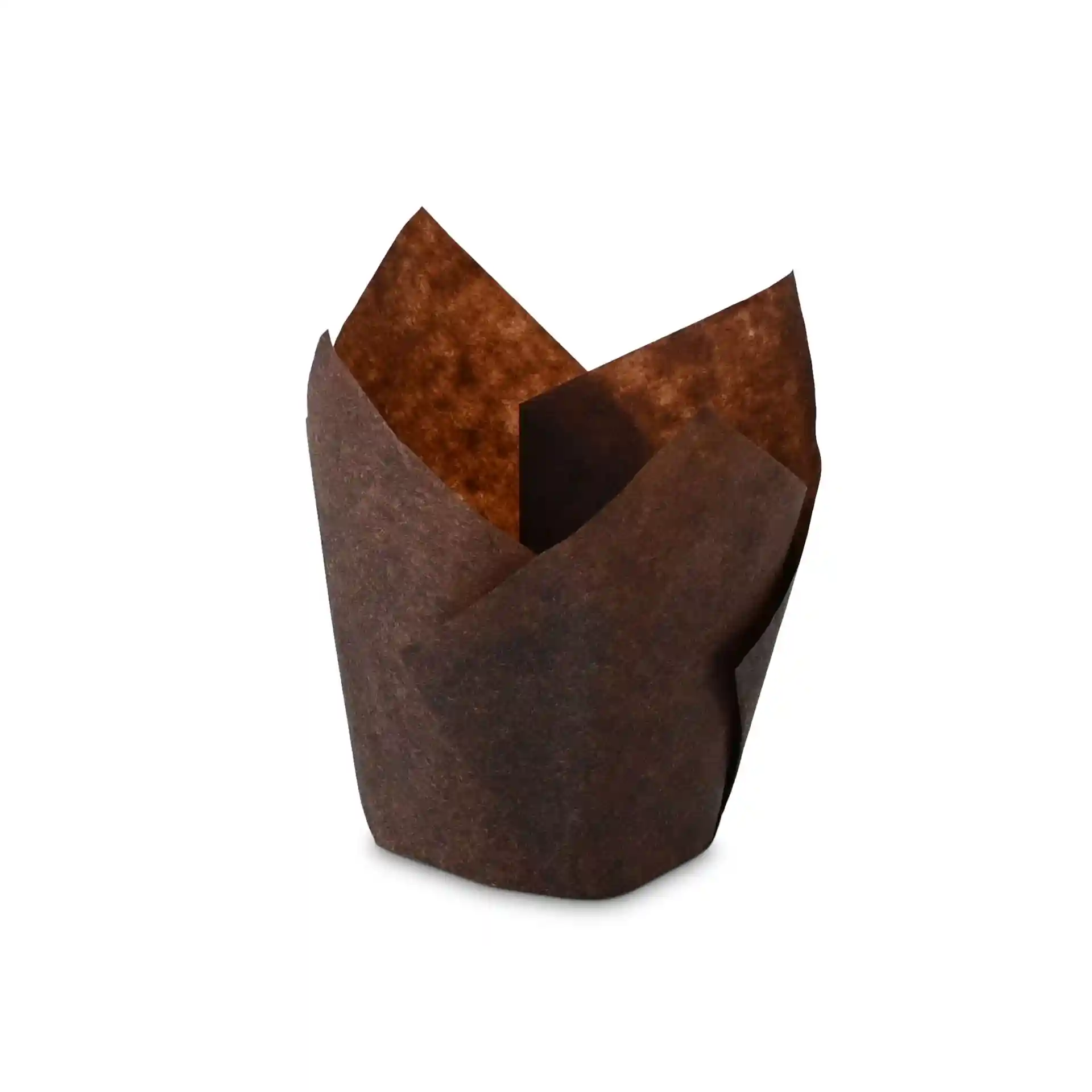 Brown paper muffin cup with a height of 80 mm and a diameter of 50 mm at the bottom.