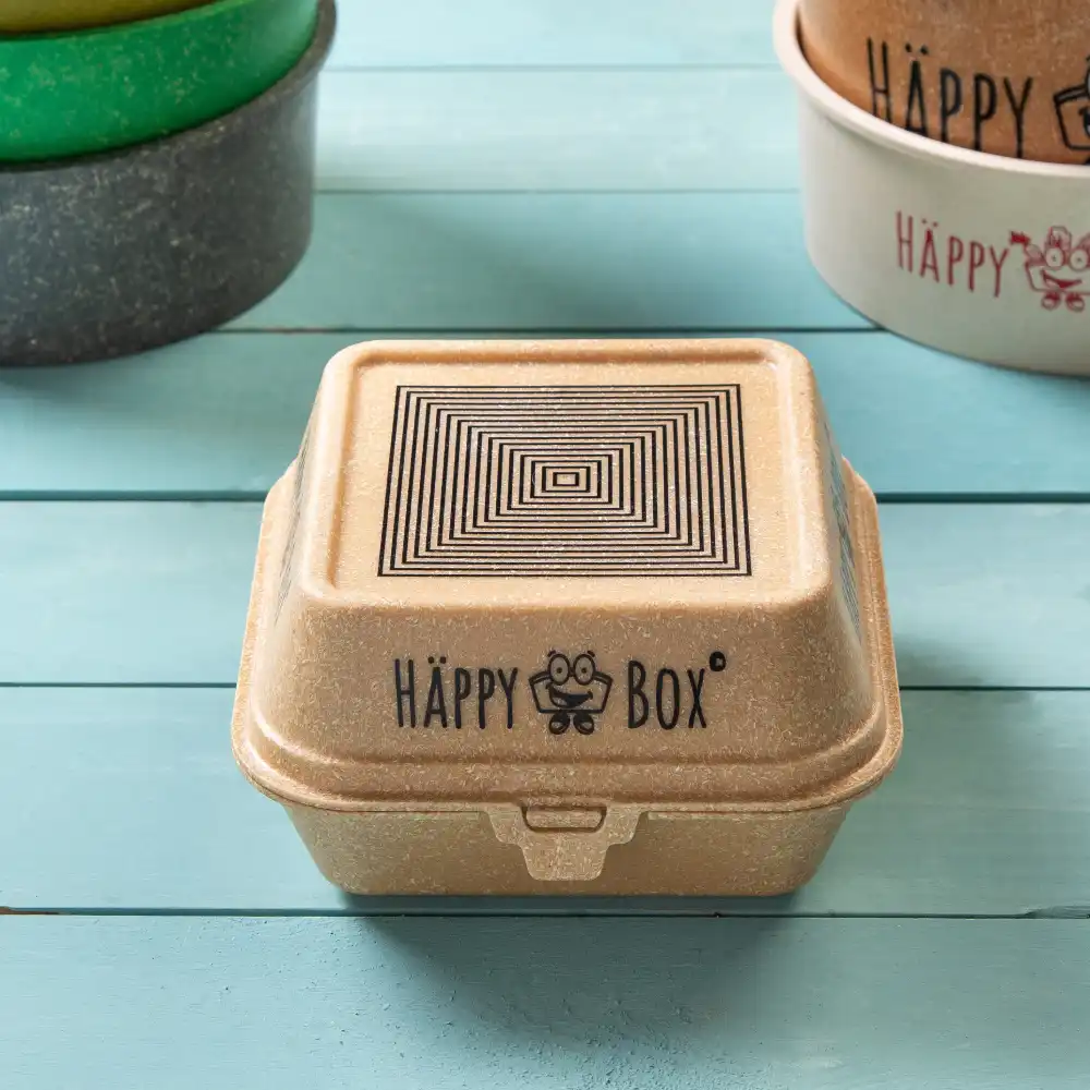 Square burger box in beige with a geometric design on top and "HÄPPY BOX" logo on the side, surrounded by colored containers.