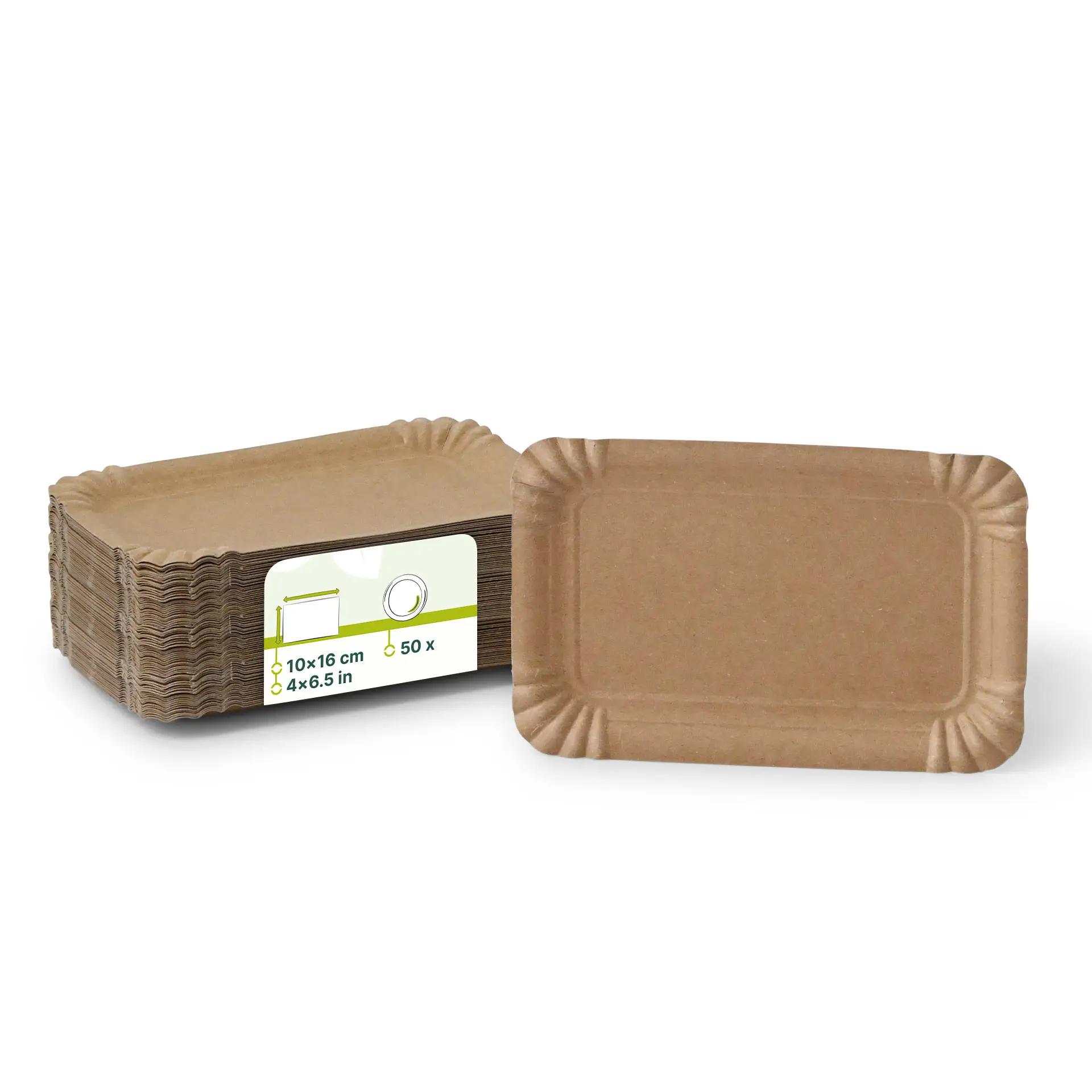 Stack of rectangular brown cardboard plates, measuring 10 x 16 cm, with one plate displayed in front.