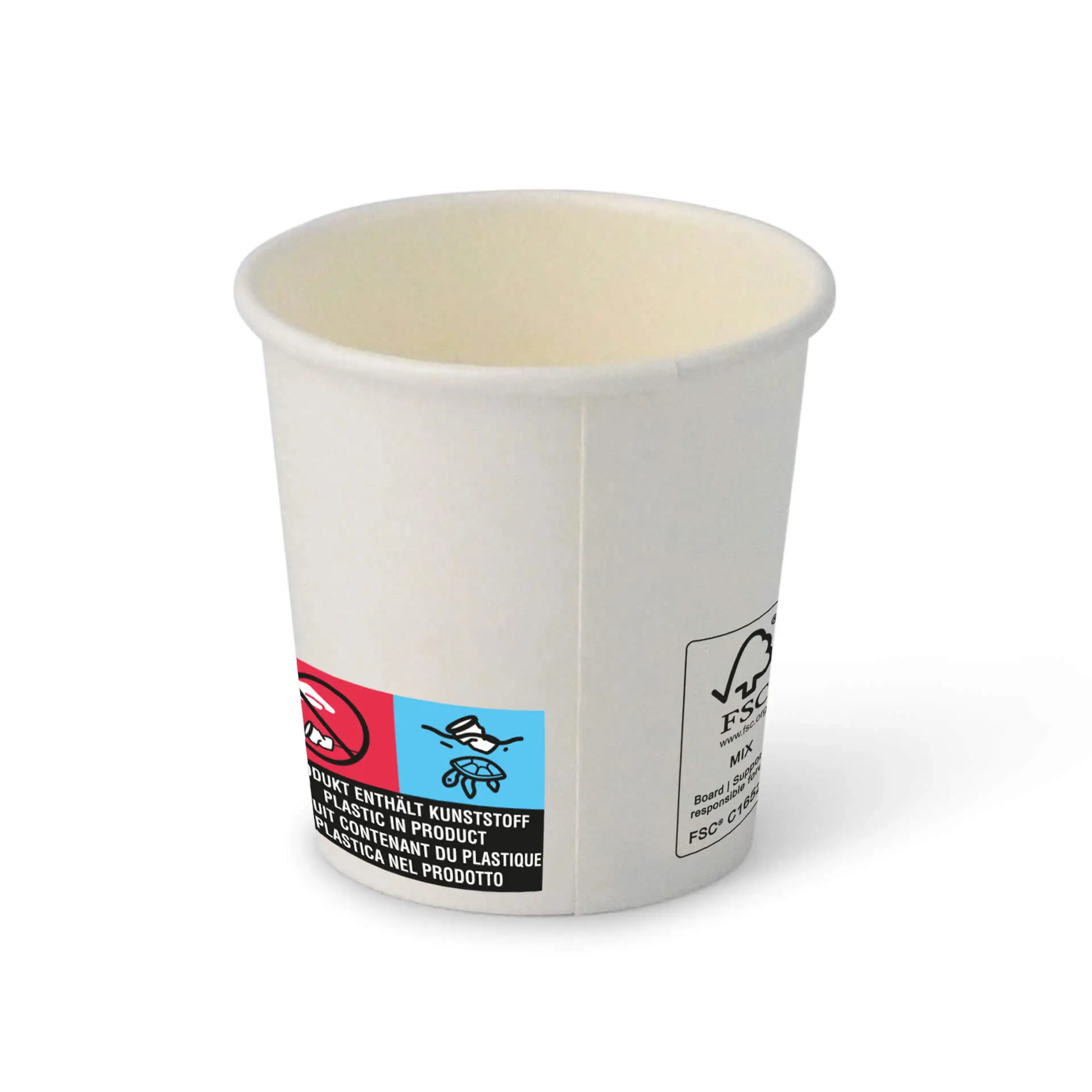 One white paper cup, 4 oz, with a PE coating; features mixed labels, including recycling symbols and material information.