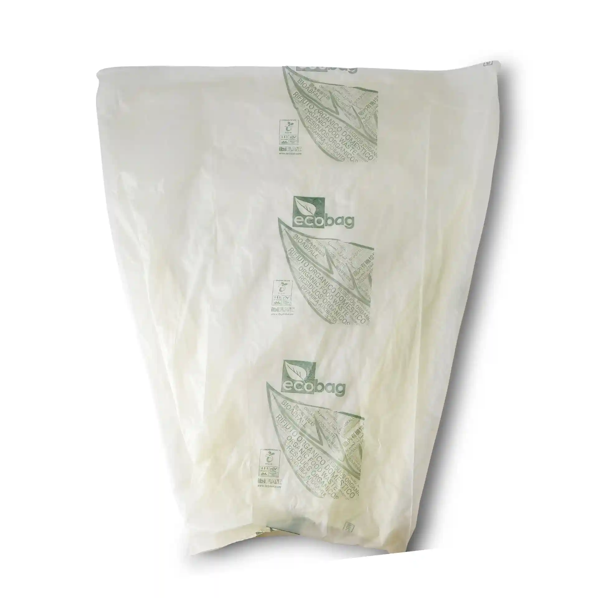 Transparent bio bin bag made of PLA, measuring 50x60 cm, with a printed design.