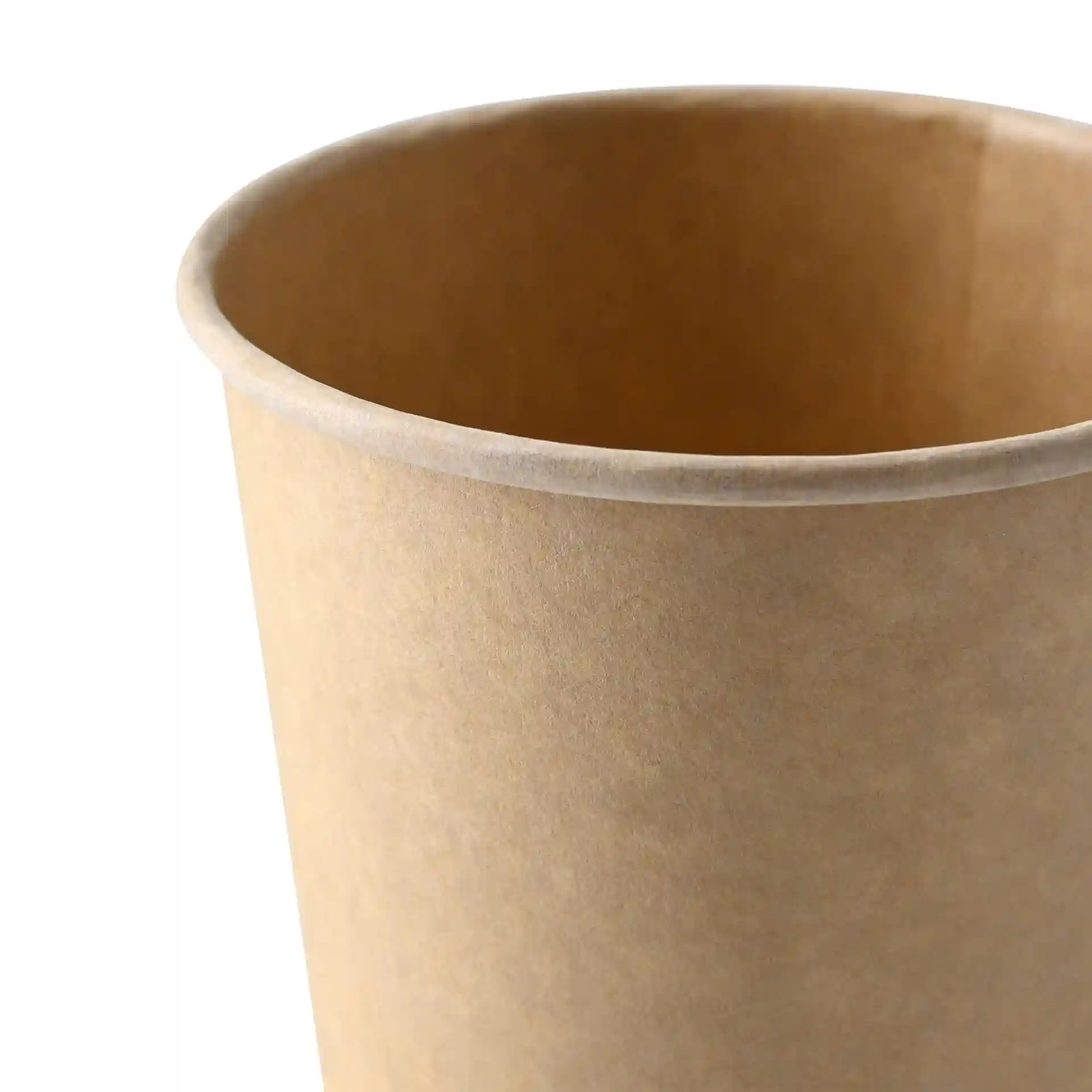 Brown cardboard soup cup with a round shape, showing the interior and top edge.