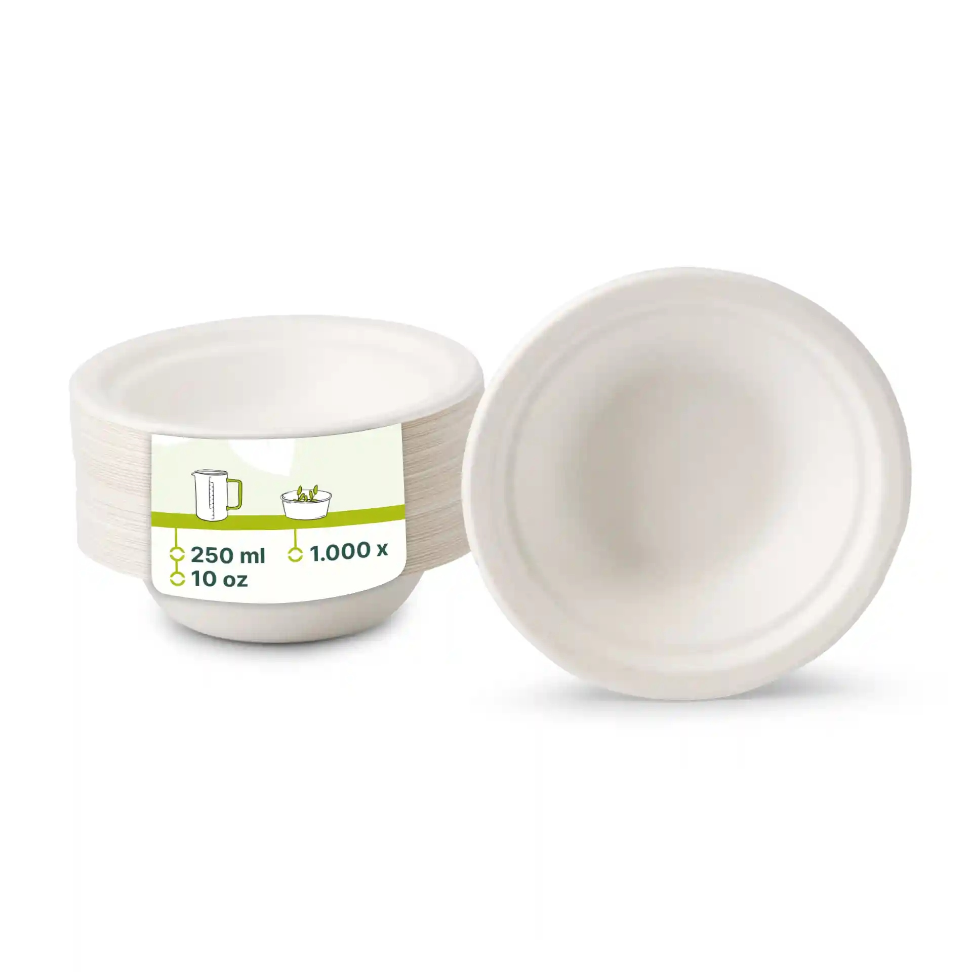 Round white sugarcane bowls with a 250 ml capacity, shown stacked with one bowl turned upside down.