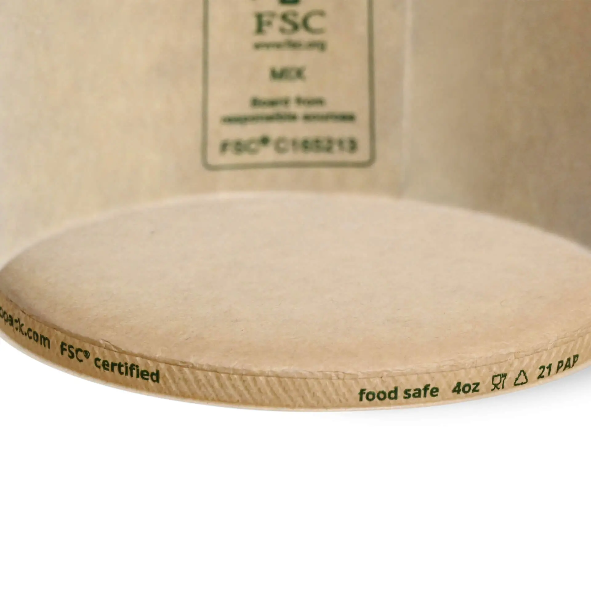 Brown paper ice cream cup with a diameter of 92 mm and a height of 42 mm, showing the interior and bottom details.