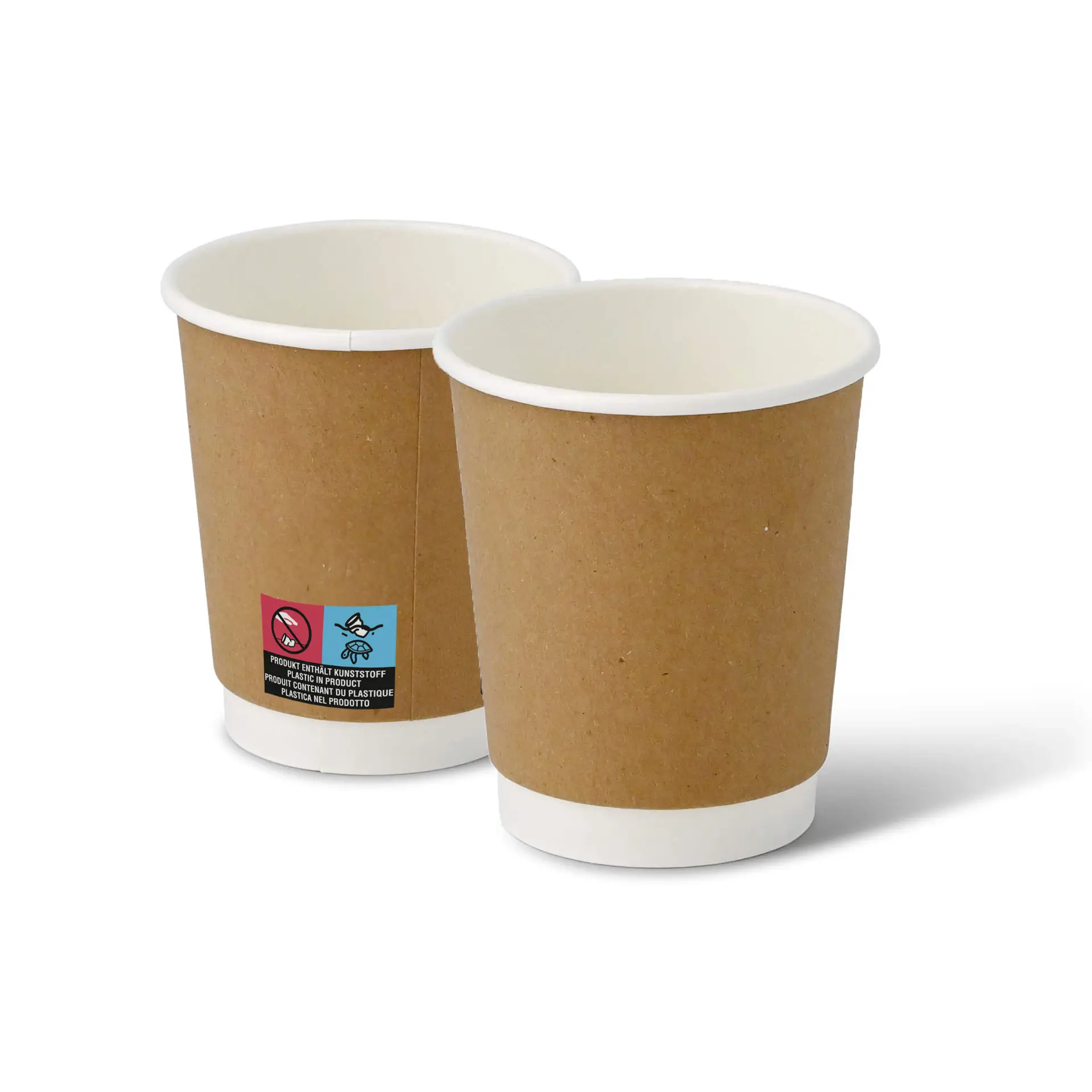 Two 8 oz double-walled take away coffee cups with a brown exterior and white interior, suitable for hot and cold beverages.