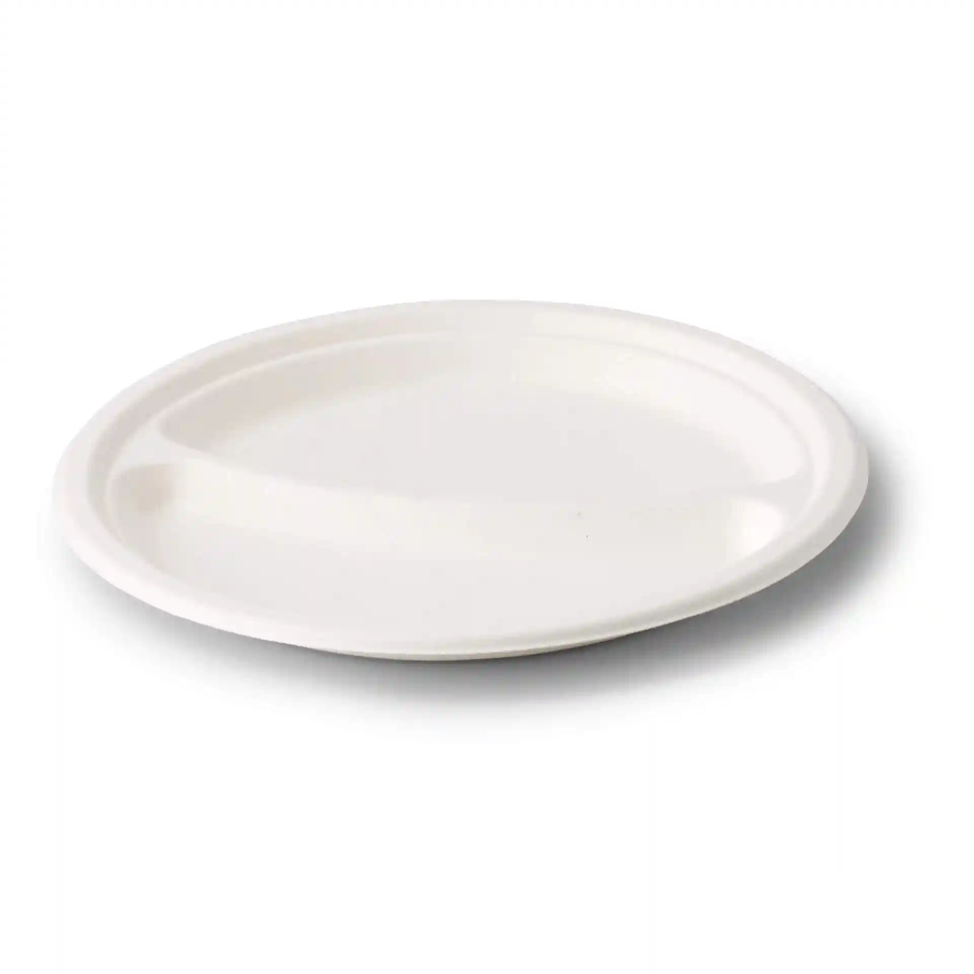 Round white sugarcane menu plate with two compartments, diameter 22 cm, and height 2.4 cm.
