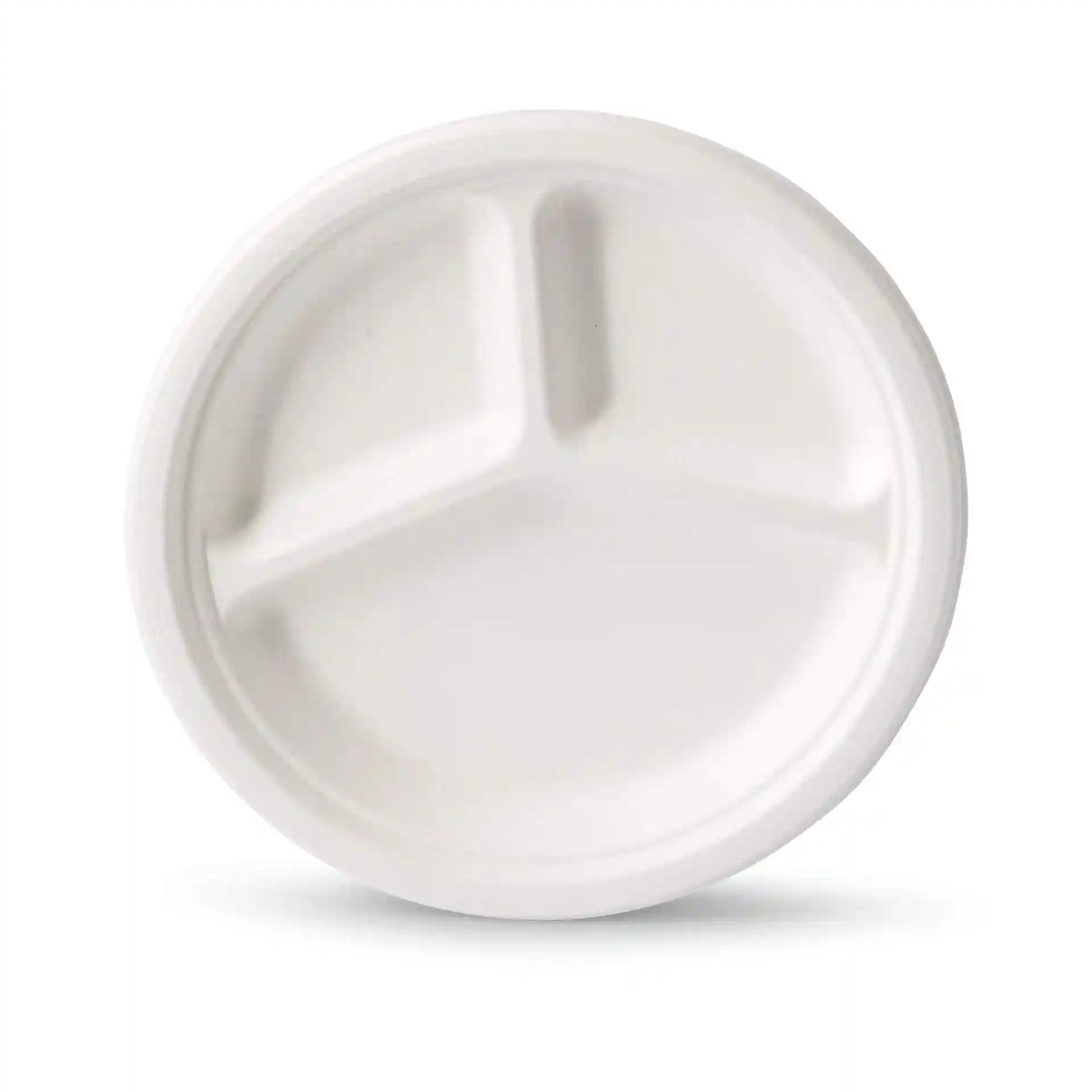 Round white sugarcane menu plate with three compartments, diameter 26 cm and height 28 mm.