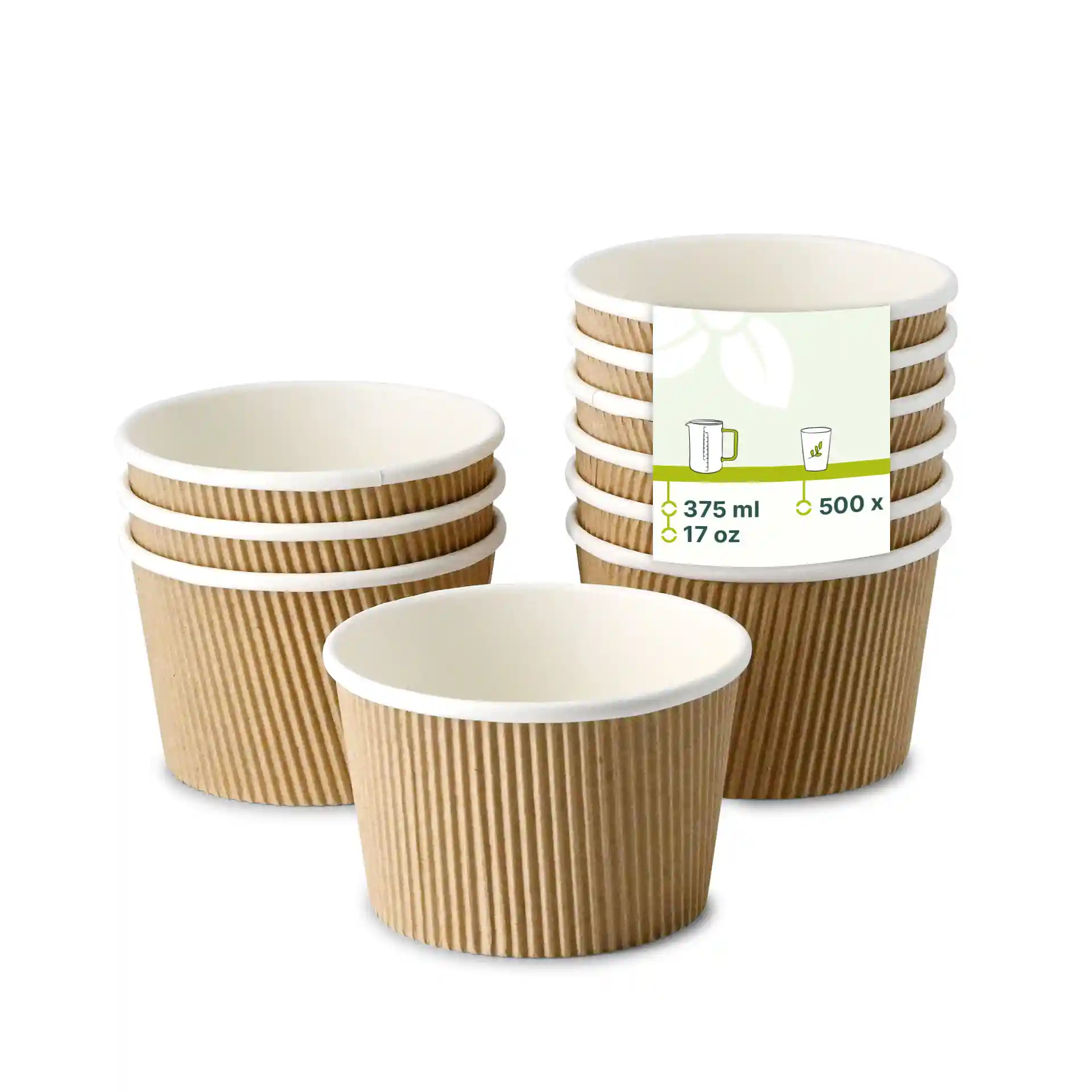 Stack of brown ribbed cardboard soup cups with a label, featuring several cups and one cup in the foreground.