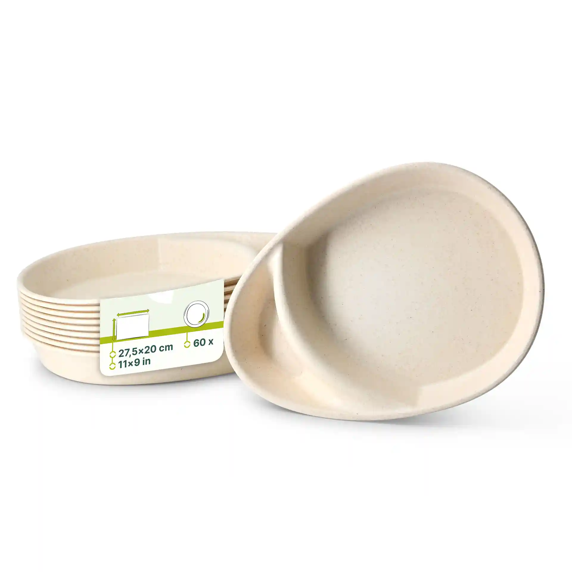 Reusable divided plates in creamy white with two compartments, measuring 27.5 × 20 cm, stacked with a label.