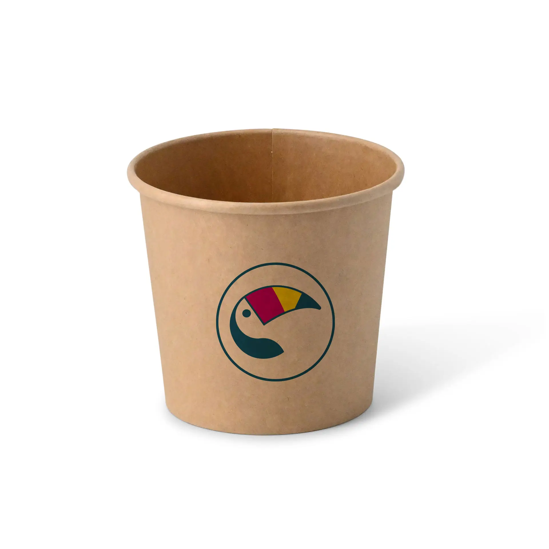 Brown ice cream cup with a printed toucan design, made from climate-compensated material, 10 oz size.
