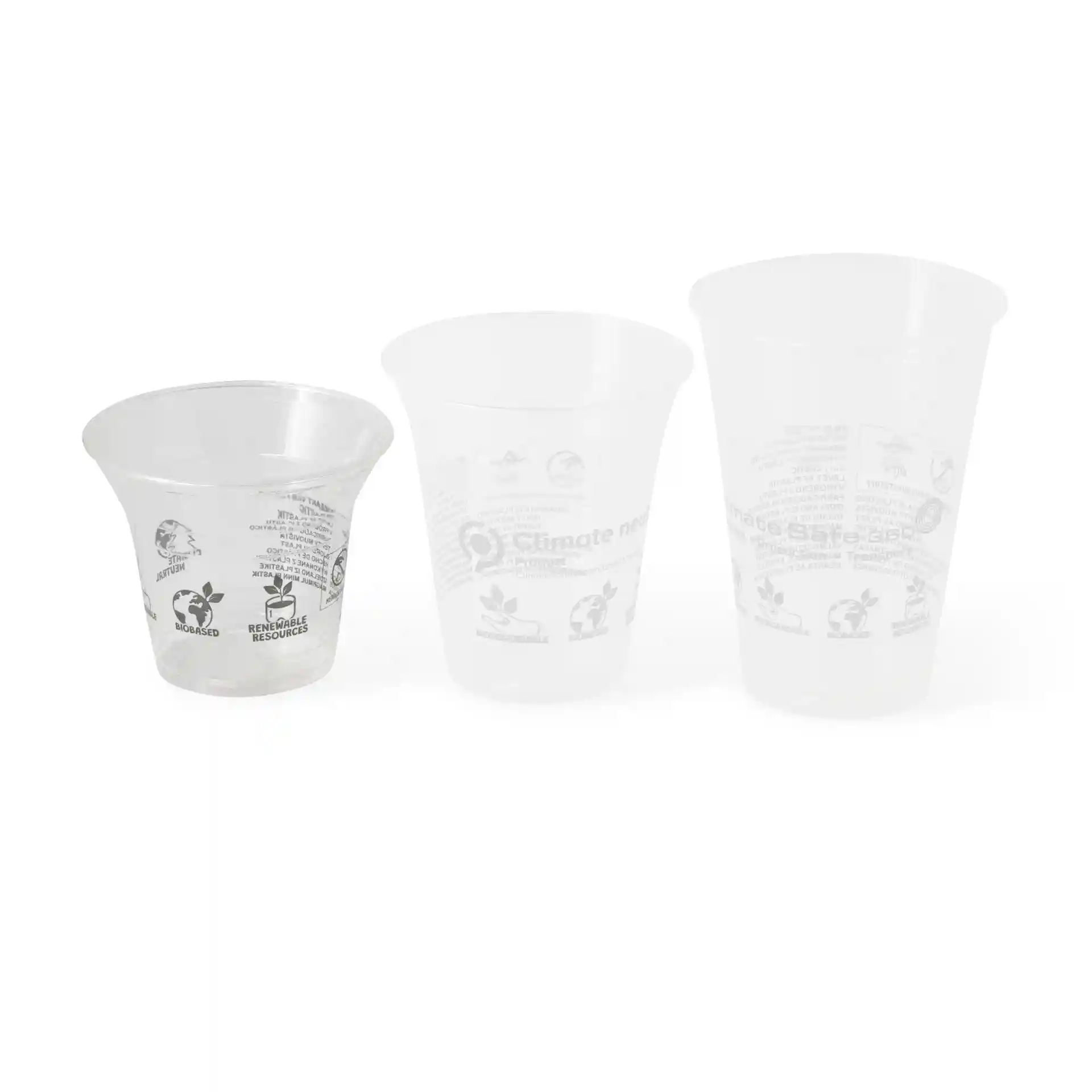 Image of three transparent PLA smoothie cups of varying sizes, showing printed markings and designs on the surface.