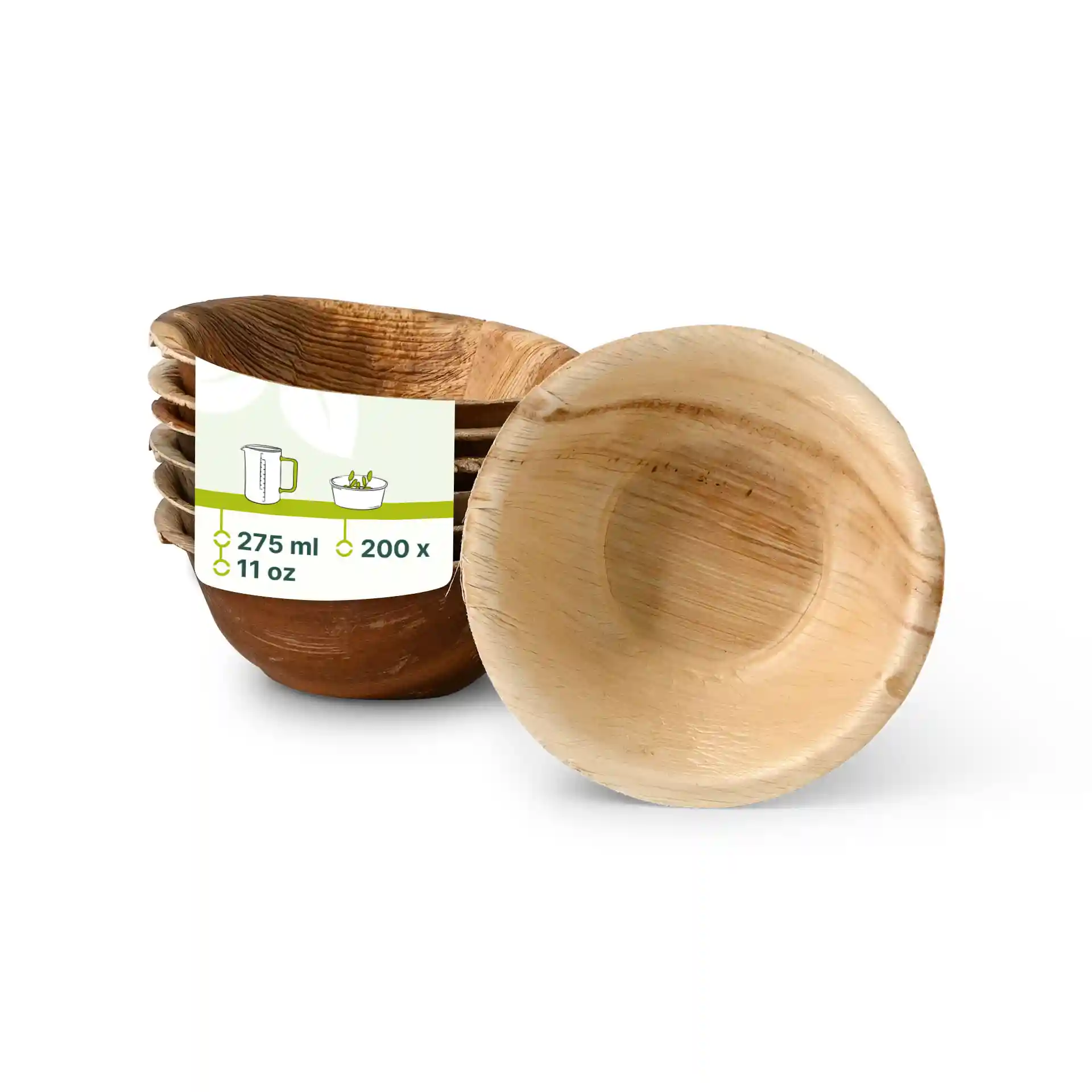 Round palm leaf bowls with a grain finish, showing one bowl in front and several stacked behind.