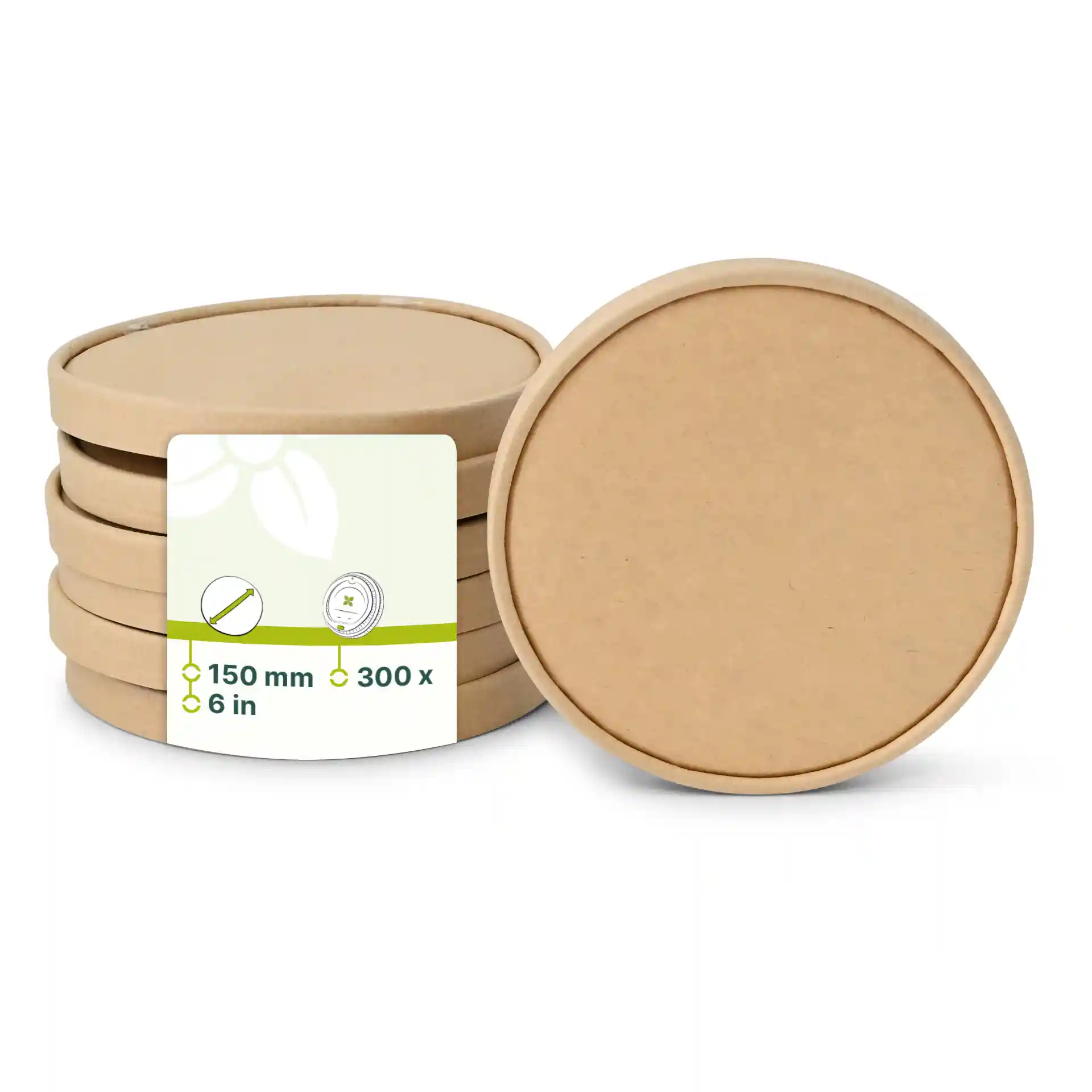 Round cardboard lids in brown, measuring 150 mm in diameter, stacked with a label showing dimensions.