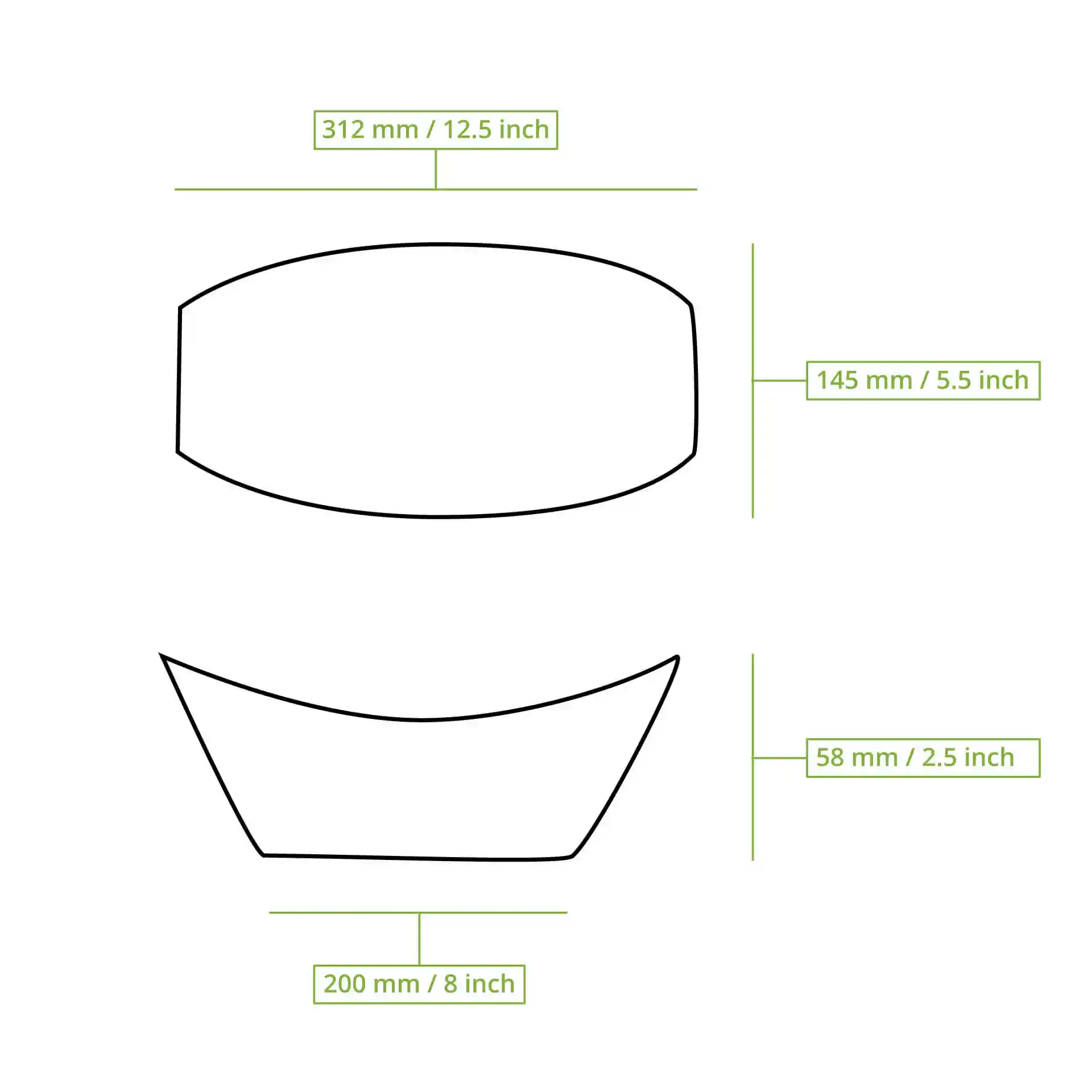 Schematic drawing of a palm leaf boat with dimensions labeled: 312 mm length, 145 mm width, 58 mm height, and 200 mm bottom length.