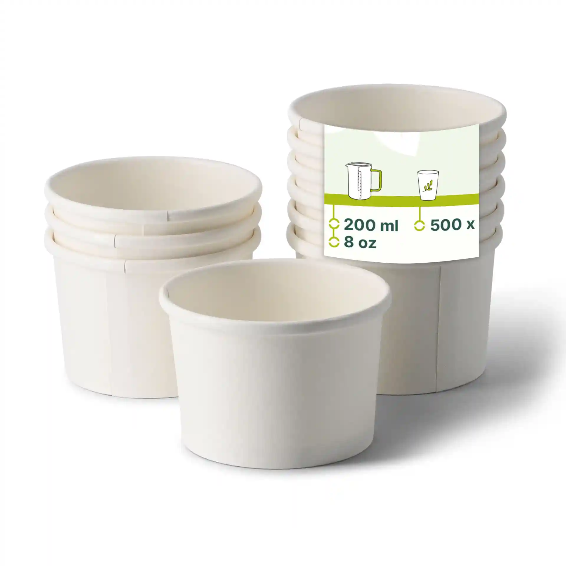 Stack of white paperboard takeaway soup containers, round shape, with one container in front and a label showing volume details.