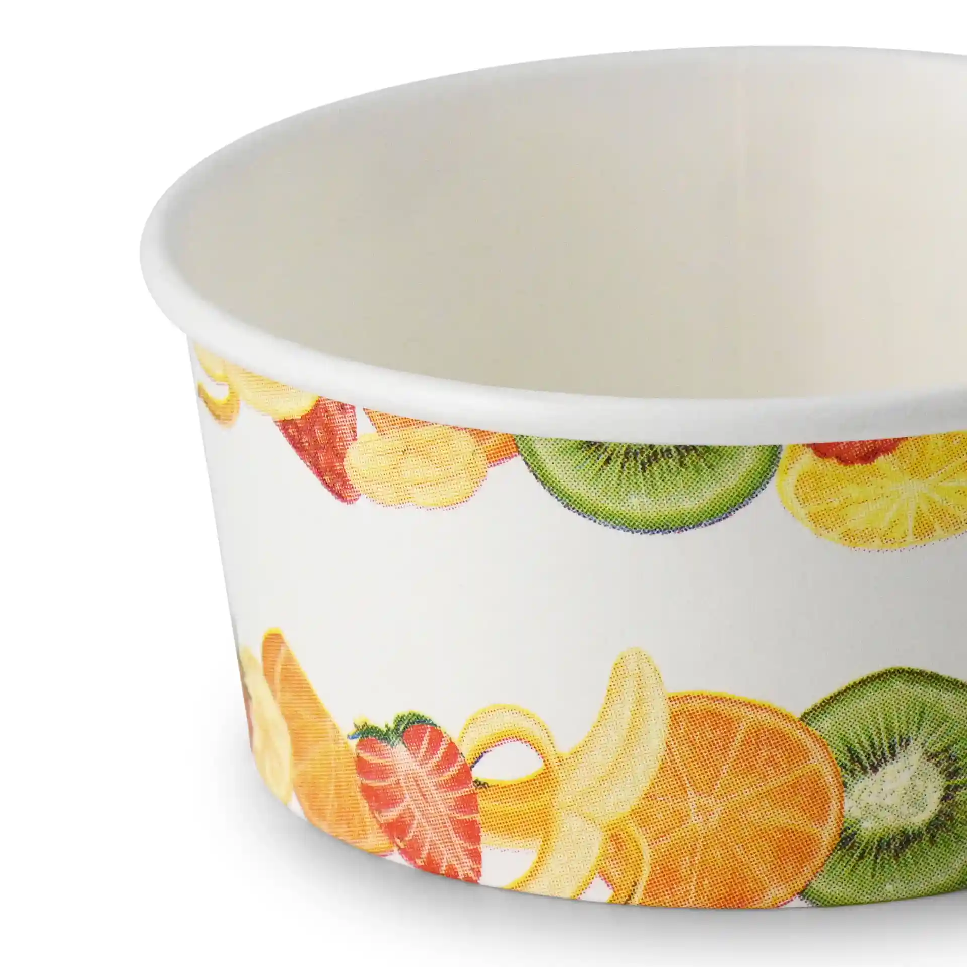 Round paper cup with printed fruit design, 4 oz capacity, made of cardboard, diameter 92 mm.