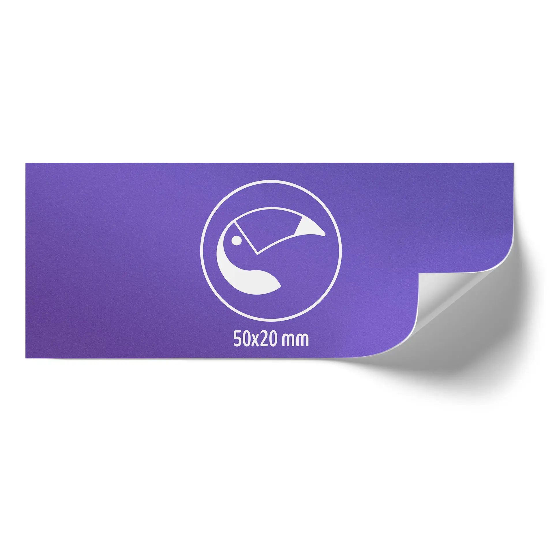 Rectangular custom printed label roll in purple, measuring 50x20 mm, showing a rounded corner and a white graphic.