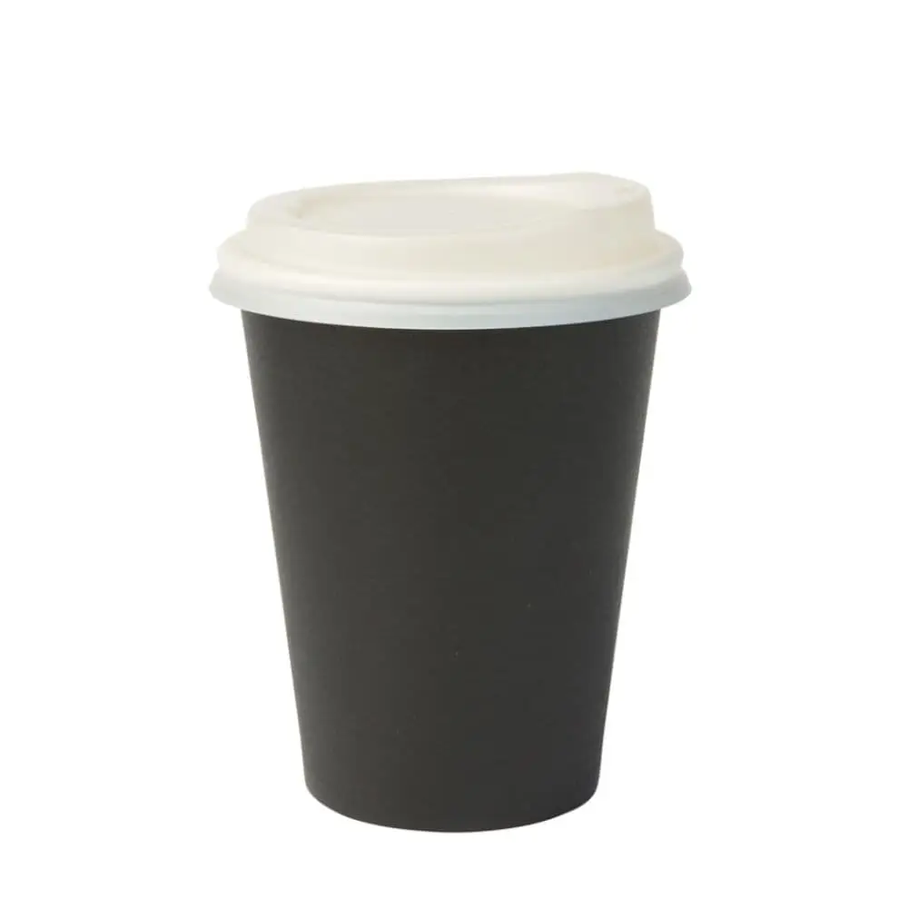 Single-wall black paper cup, 300 ml capacity, PLA-coated, suitable for hot and cold drinks.