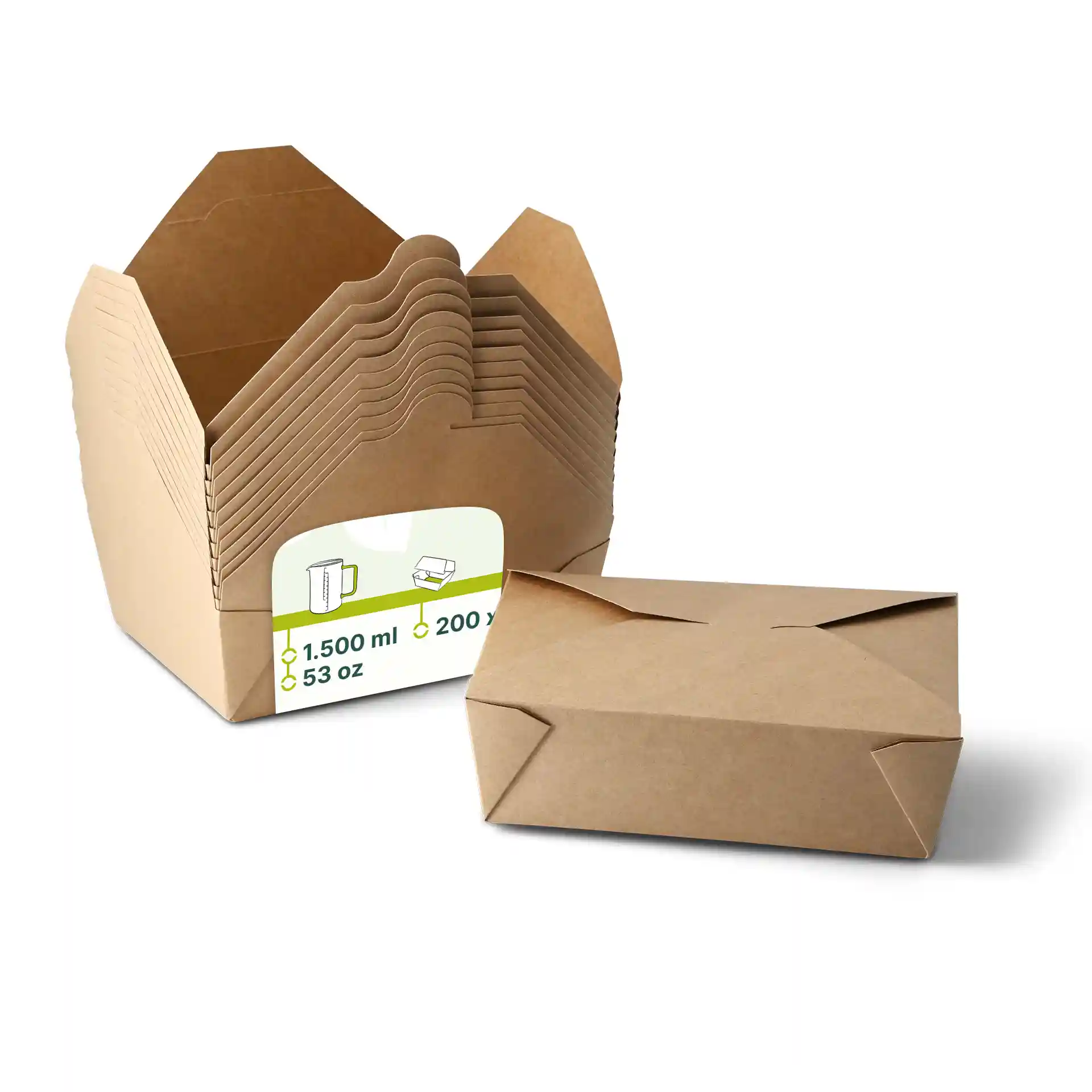 Brown cardboard takeaway containers stacked in a box, with one container placed in front.