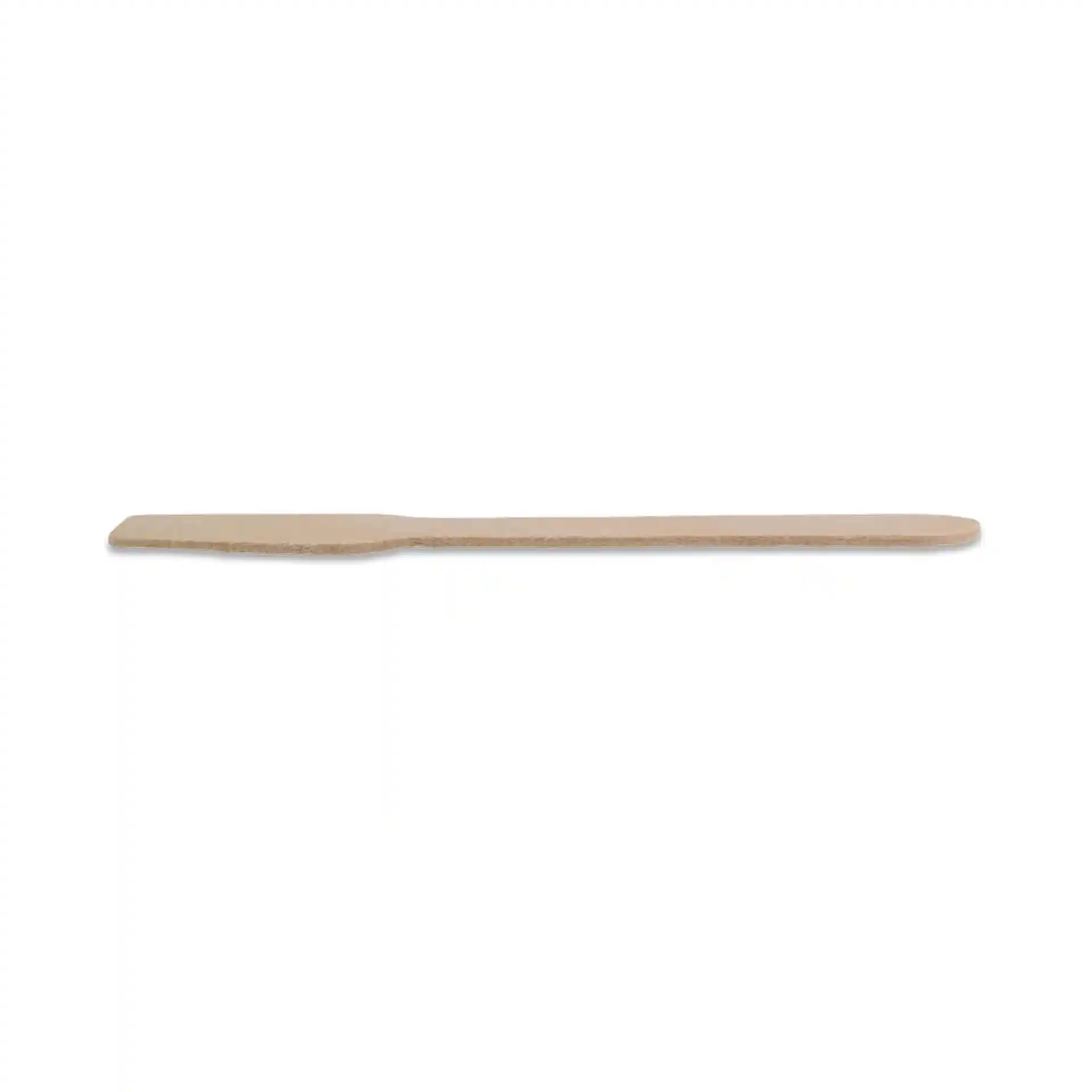 Brown wooden ice cream spoon measuring 9.6 cm in length, with a flat end and a rounded handle.