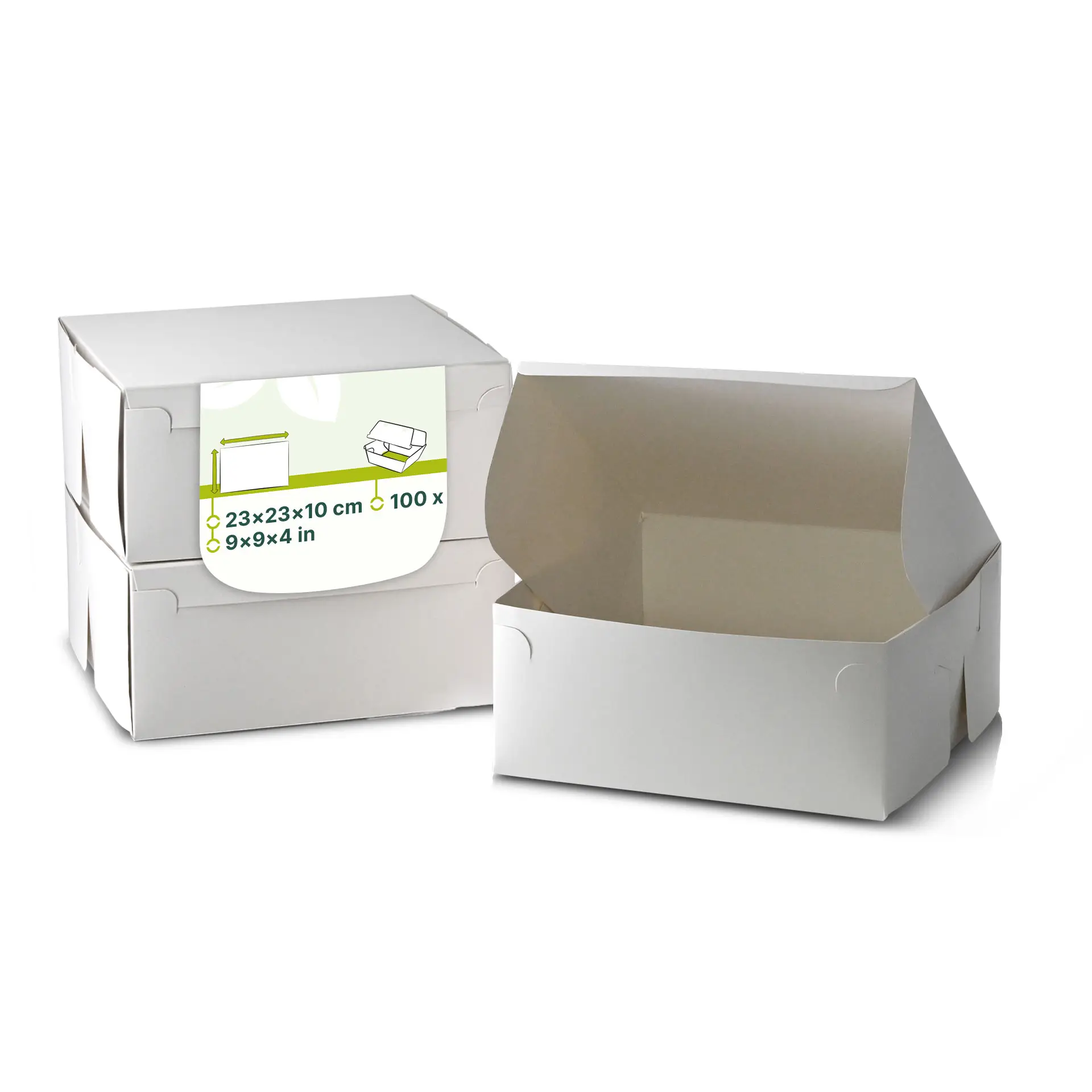 White cardboard cake box with a folding lid, dimensions 23 x 23 x 10 cm, one box open and two stacked.