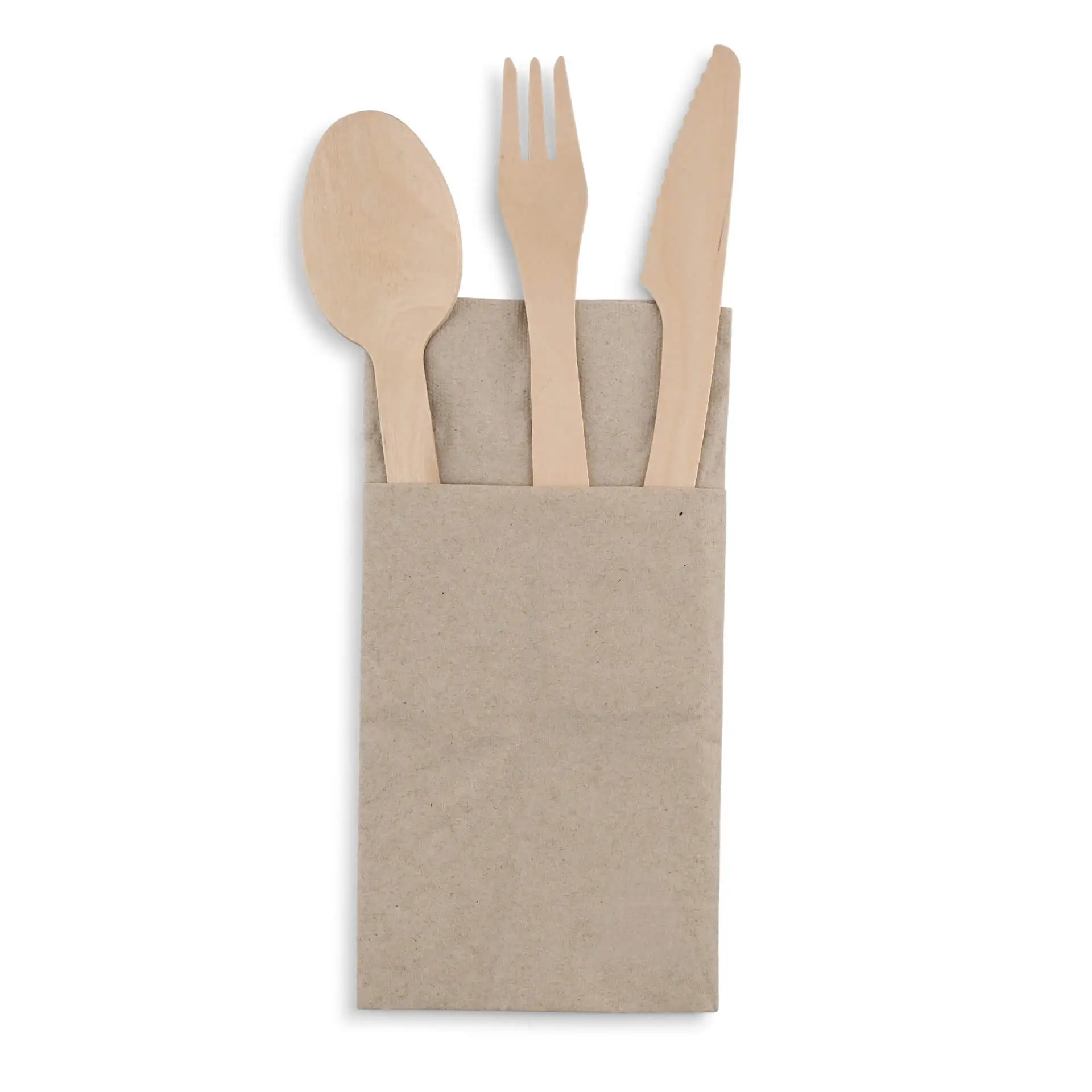 Wooden spoon, fork, and knife in a brown paper pouch with a recycled symbol at the bottom.