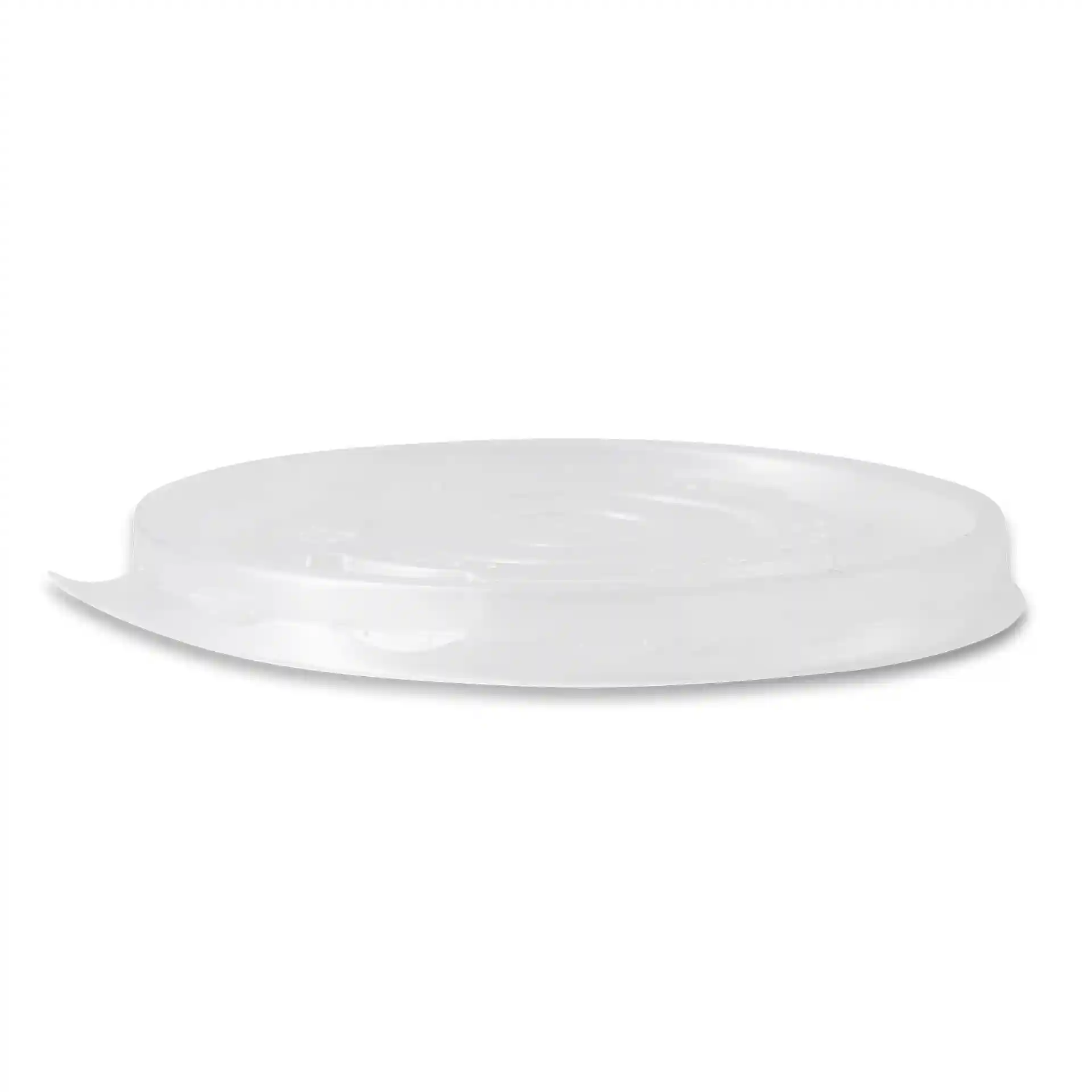 Transparent round flat lid with a diameter of 90 mm, made of polypropylene (PP).