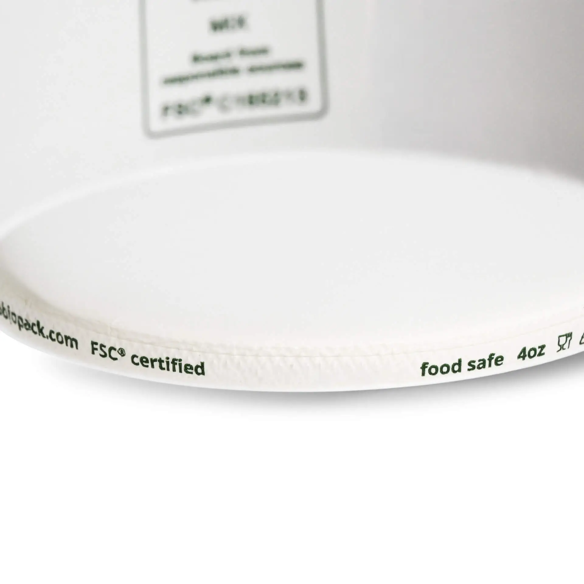 White paper ice cream cup with a diameter of 92 mm, showing markings for food safety and volume on the rim.