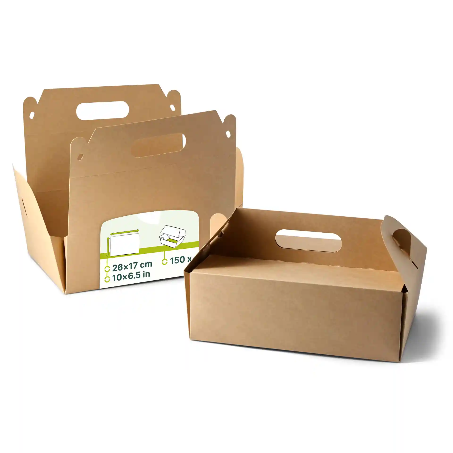 Brown cardboard pastry boxes with handles, rectangular shape, foldable, dimensions 26 x 17 x 9 cm.