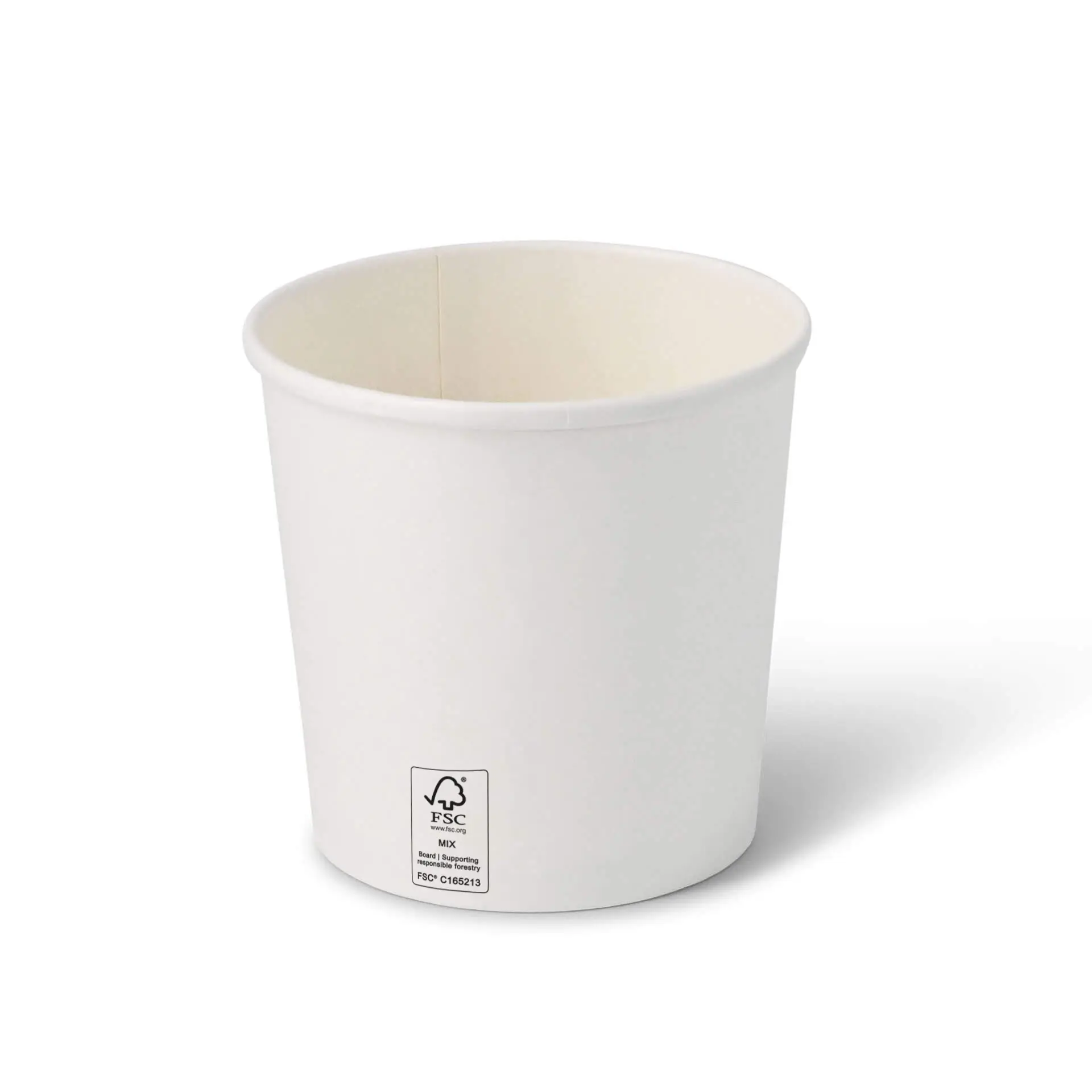 White paperboard takeaway soup container, round shape, 24 oz capacity, with a visible FSC certification label.