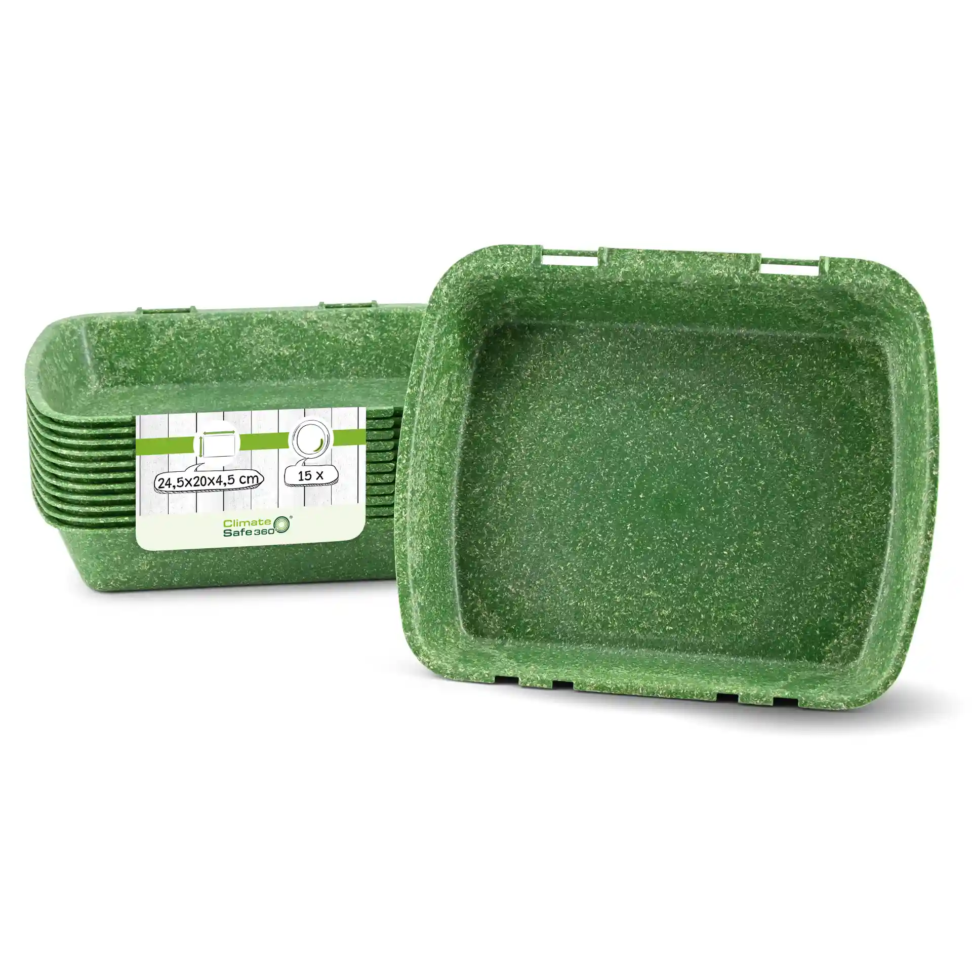 Rectangular green reusable menu containers stacked, with one container turned to show the interior.