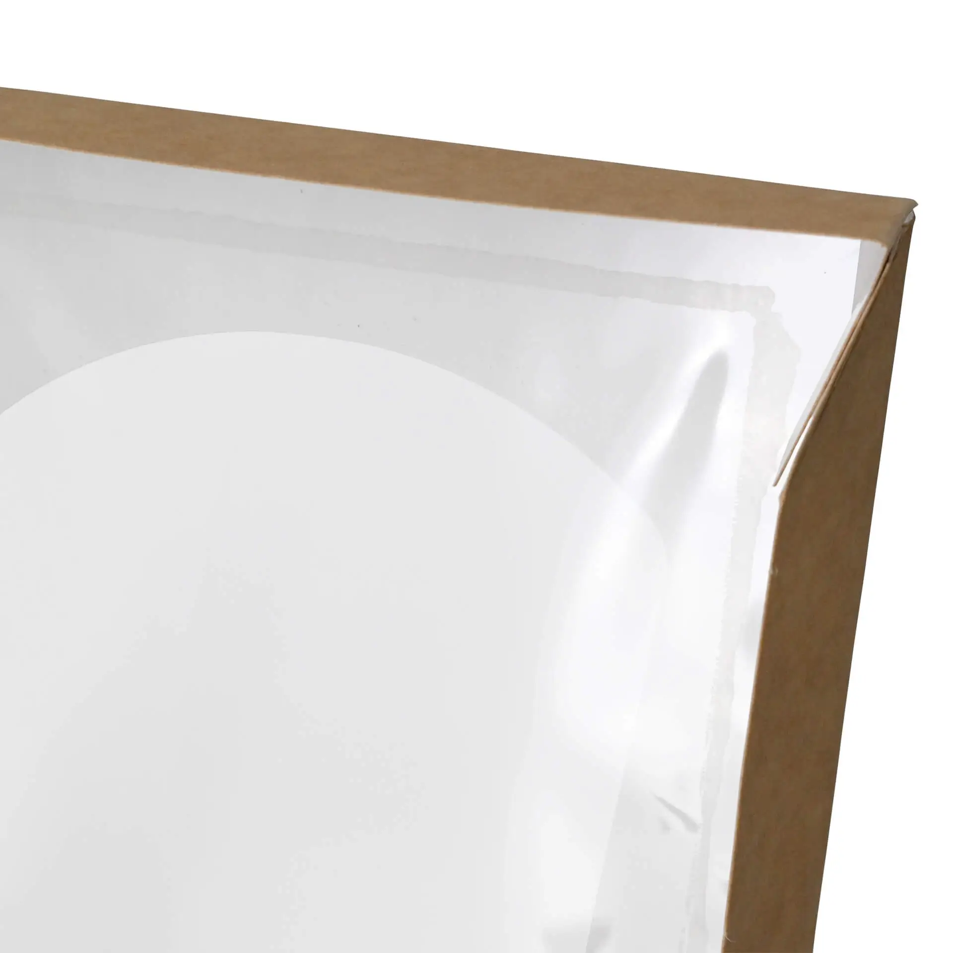 Cardboard window box with a cellulose window, brown exterior, and white interior, measuring 12 x 12 x 4 cm.