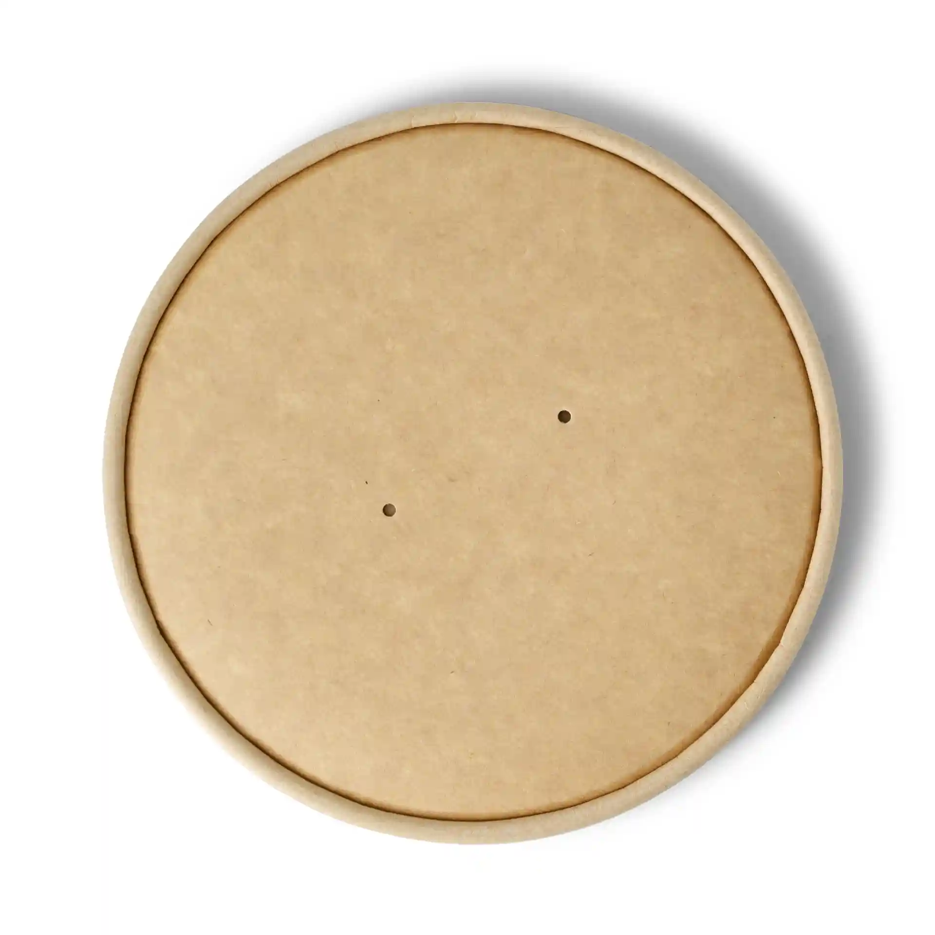 Round brown cardboard cup lid with two small holes, measuring 150 mm in diameter and 17 mm in height.