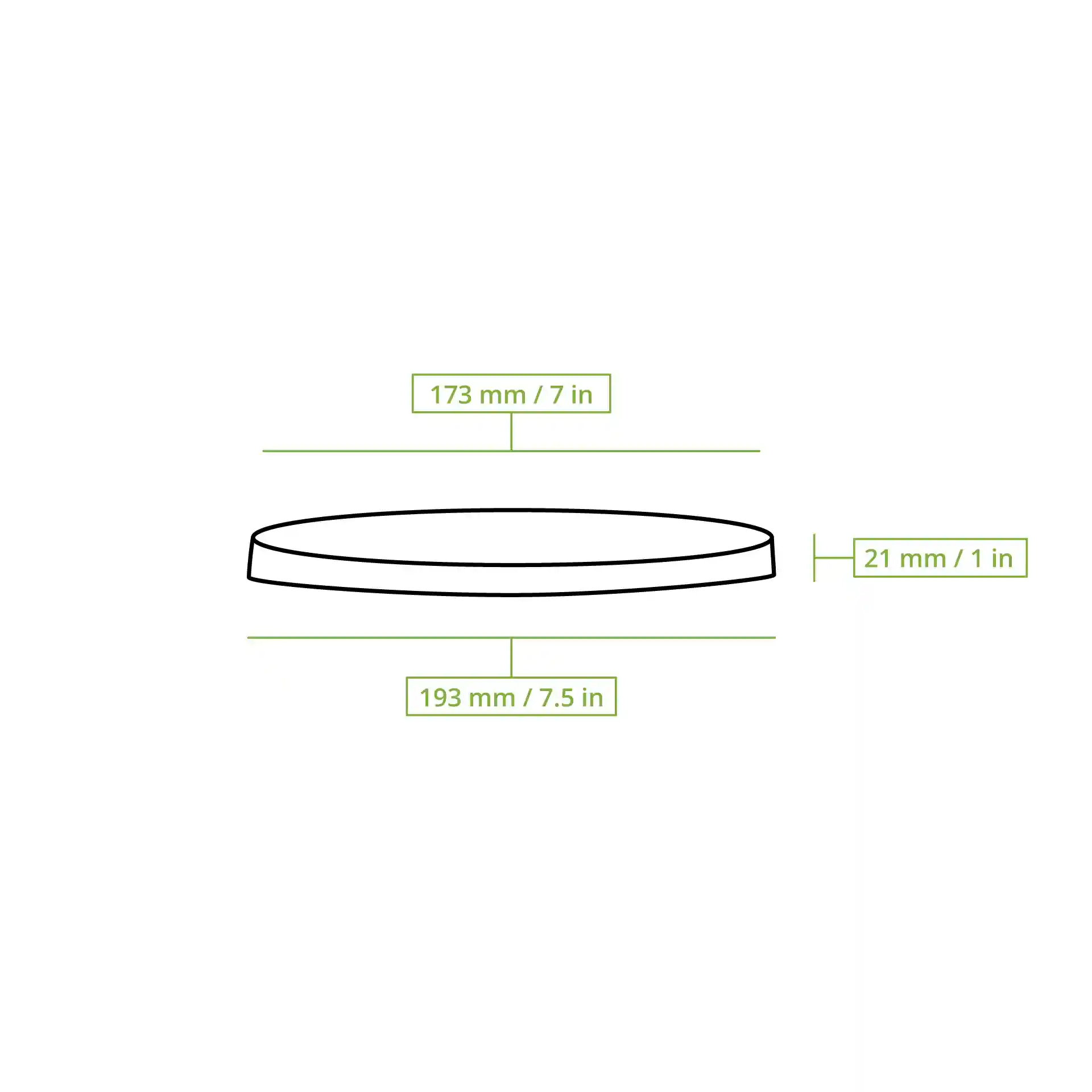 Schematic drawing of a round cup lid with dimensions: top diameter 173 mm, bottom diameter 193 mm, height 21 mm.
