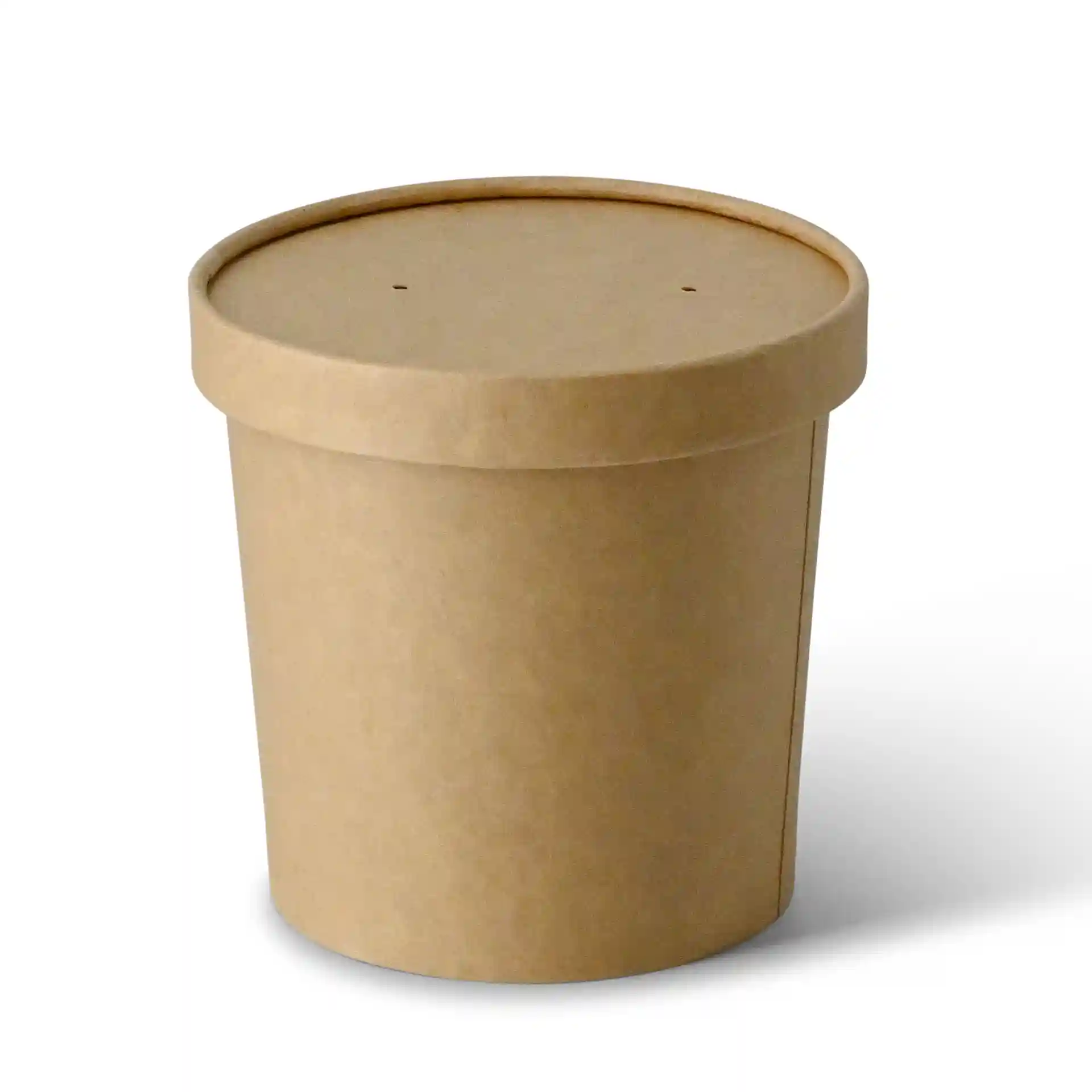 Brown cardboard soup cup with a round shape and a lid, 600 ml capacity, 115 mm diameter.