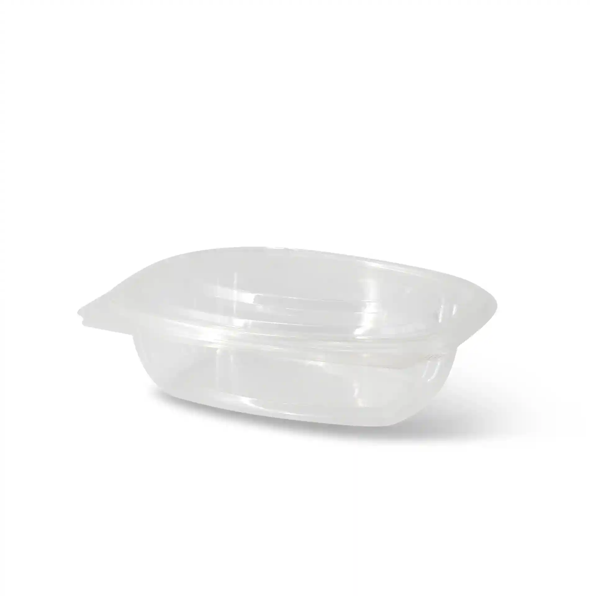 Transparent rectangular PLA deli bowl with a folding lid, measuring 159 mm in length and 130 mm in width.