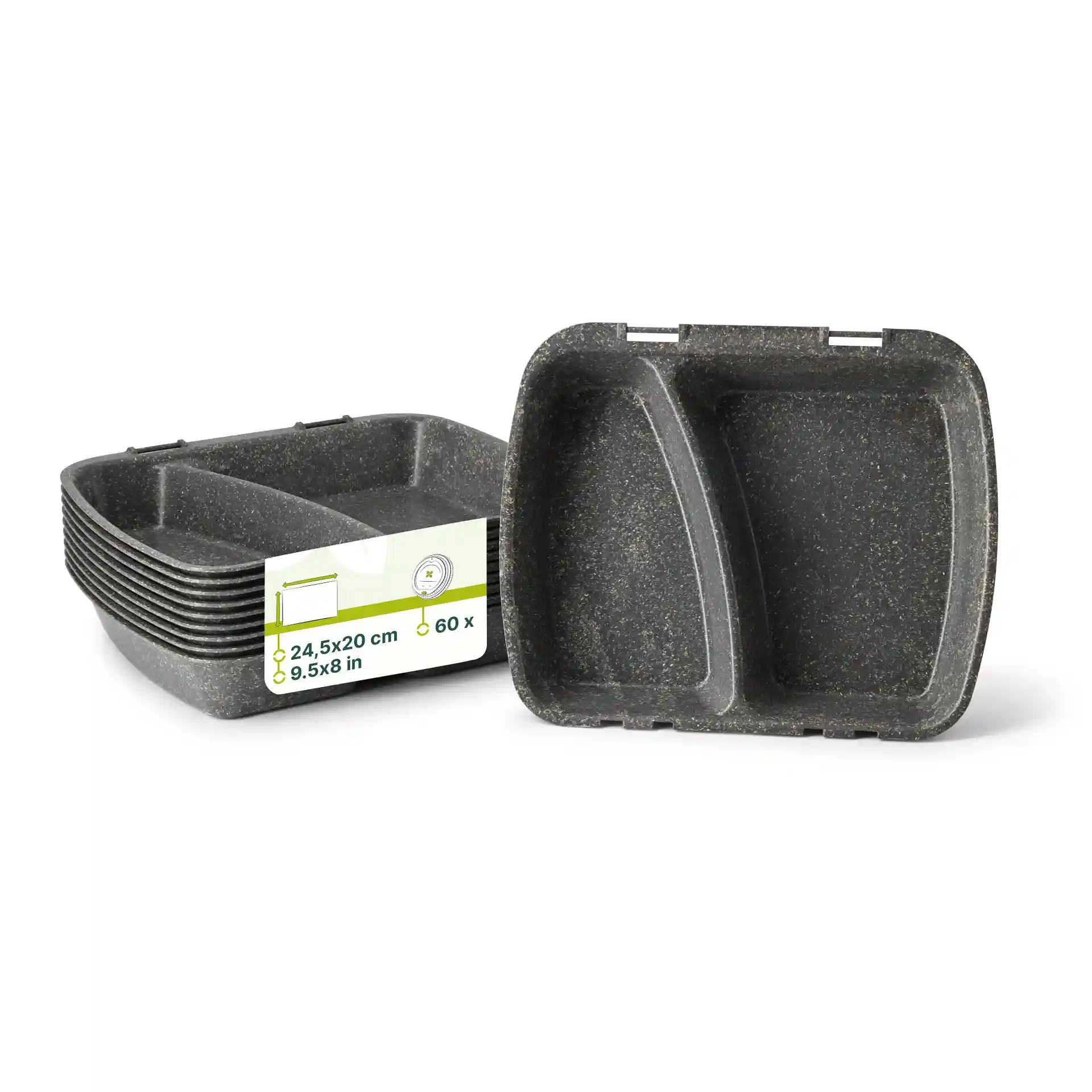 Reusable meal container with two compartments, grey color, dimensions 24.5 x 20 x 4.5 cm.