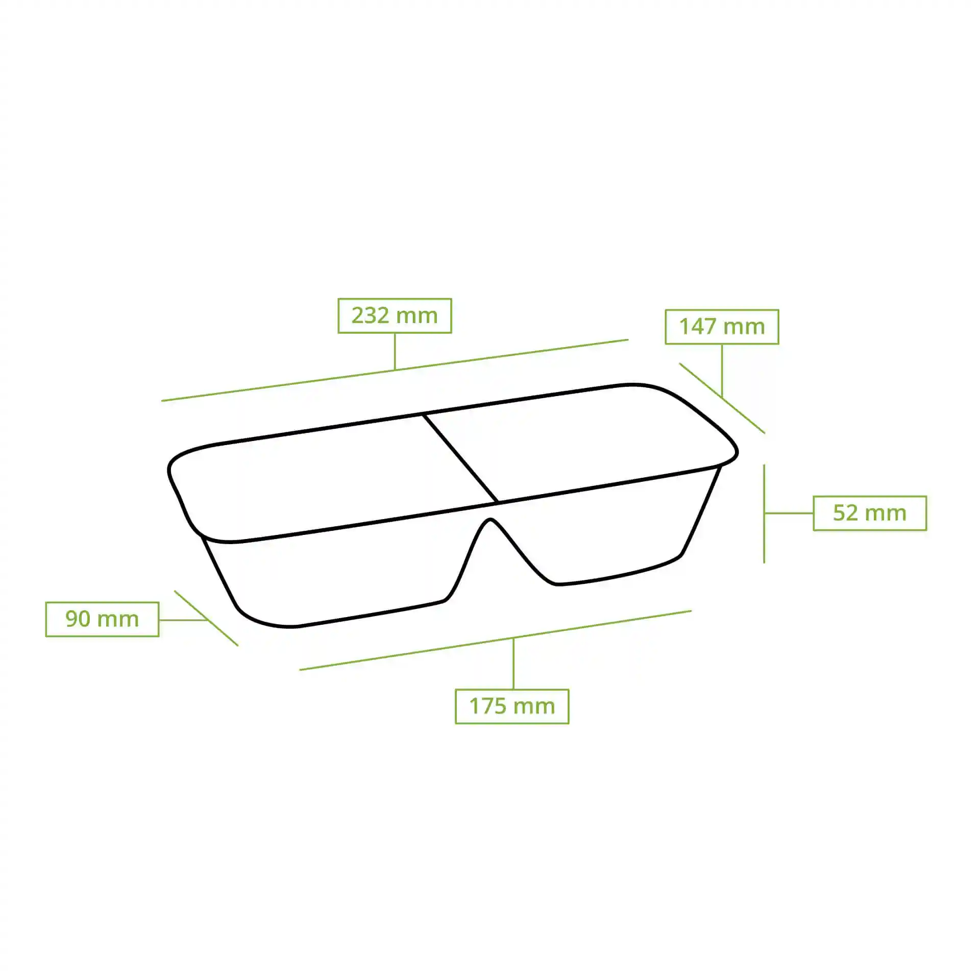 Schematic drawing of a rectangular tray with two compartments, dimensions labeled: 232 mm length, 147 mm width, 52 mm height.